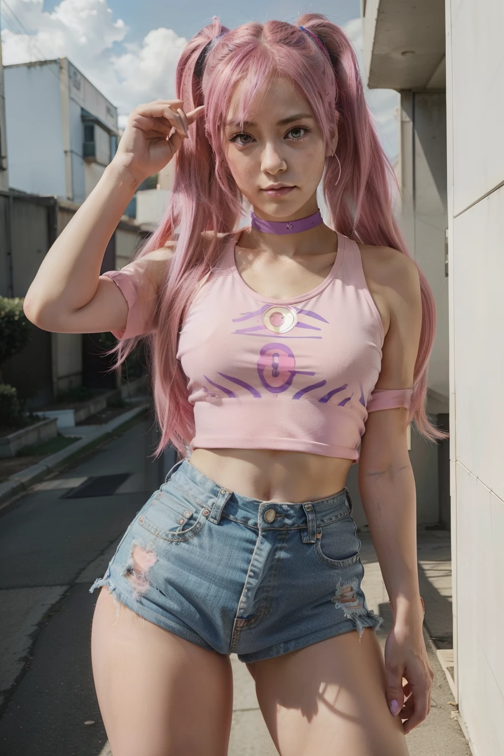 Anime girl with pink hair and purple eyes poses for photo, jojo anime style, in the art style of 8 0 s anime, juri misaki, retro anime girl, 9 0 s anime art style, 8 0 s anime art style, Seductive Anime Girl, inspired by Rei Kamoi, Misato Katsuragi, pink twintail hair and cyan eyes