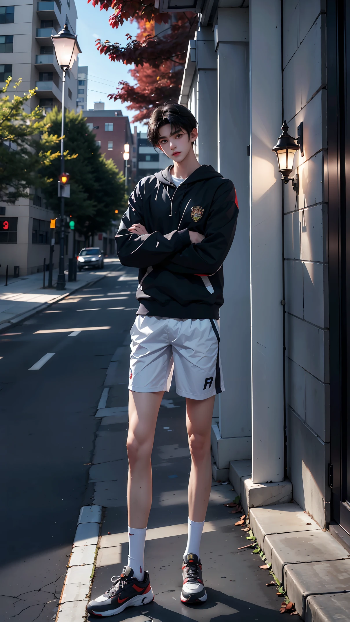 Two dimensions,on university campus,18 year old boy,front shot,super tall guy,broad shoulderuscular),bodybuilding,sports student,Leg length,2m height,boys school uniform,Casual shoes,gradient color,black hair,The face delicate and delicate,Perfect facial features blush,happy,8k realistic style,A person stands under the tree,There a lamp and a cat next to it,at midnight,on the street,masterpiece,best quality,Ray tracing
