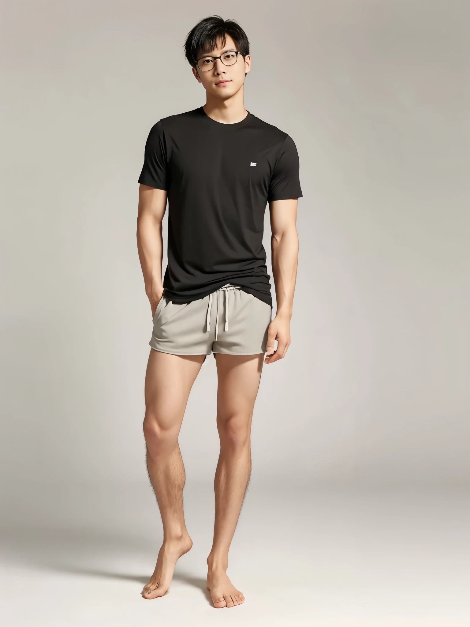 Light skin Hairy legs Track and field athlete Full body photo Wearing shorts Wearing a plain T-shirt Bare feet Toned legs Japanese Man in his late 20s Long legs Short hair Black hair Two-block black rimmed glasses Standing upright There is