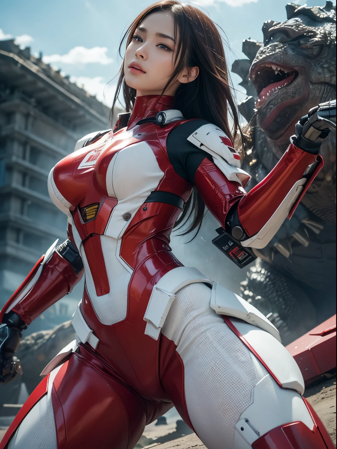 Textured skin, Super Detail, high details, High quality, Best Quality, hight resolution, 1080p, hard disk, Beautiful,(godzilla),beautiful cyborg woman,red and white body,Battle Mode,Girl with a Mecha Body,Fulll body Shot