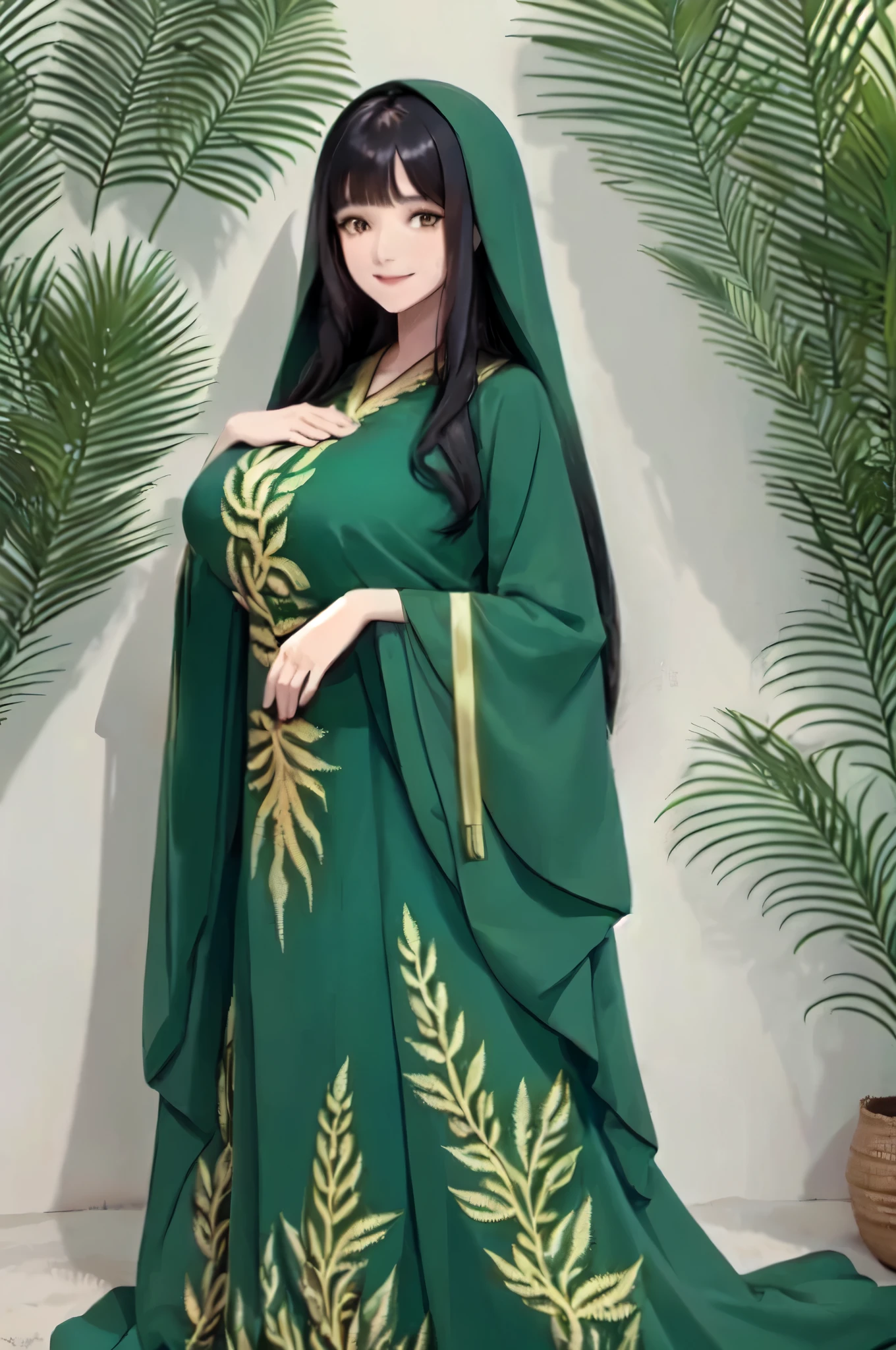1lady solo, BurqaDr3ss, hood, long green dress, wide sleeves long, hood up, mature female, /(black hair/) bangs, light smile, (masterpiece best quality:1.2) delicate illustration ultra-detailed, large breasts BREAK (desert oasis) outdoors, detailed background