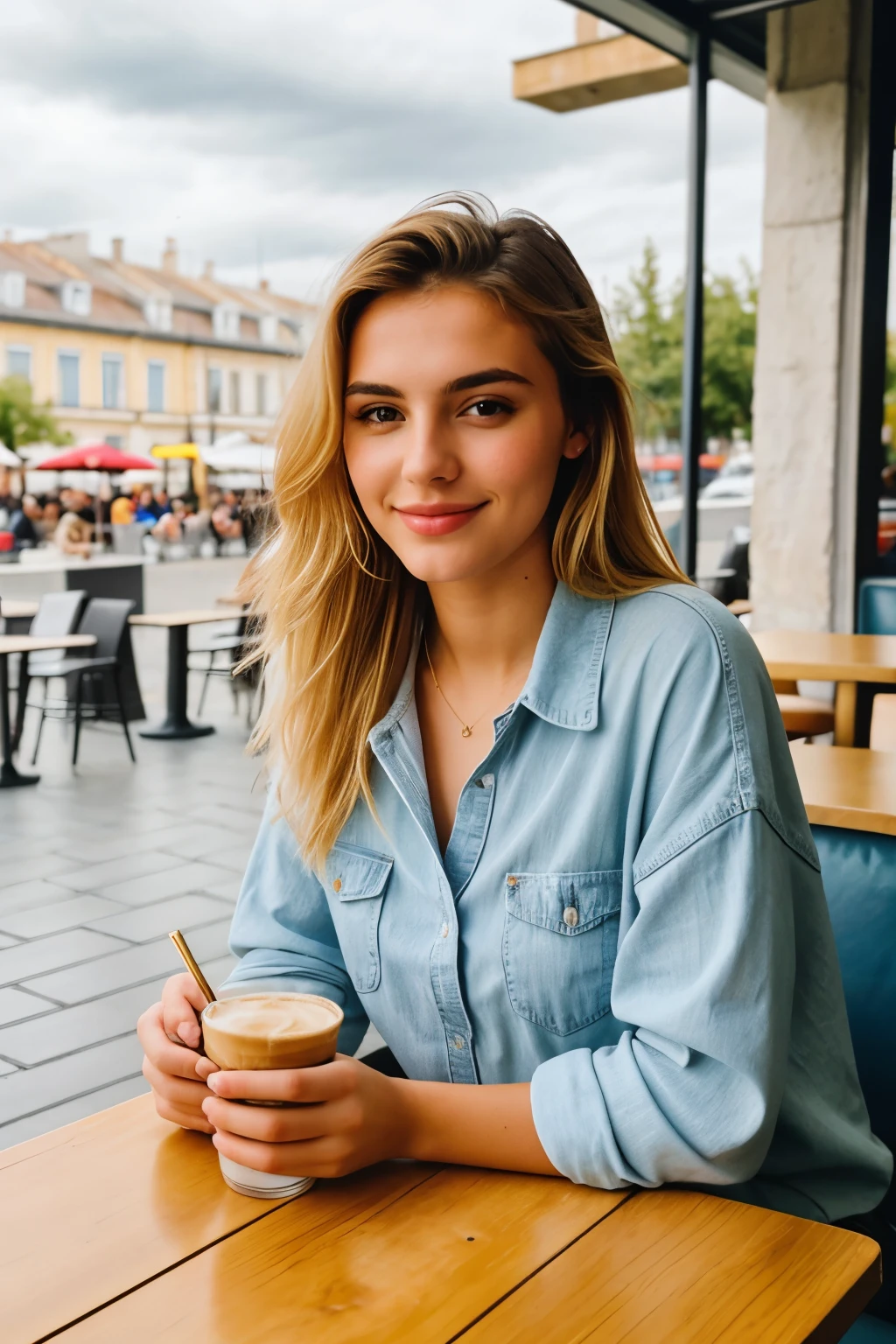 A photo of 20 years old greek blonde model in cafe, having a coffe, shot with iphone 15, no filters, cloudy, bright weather, wearing , an instagram casual photo, extra space in photo