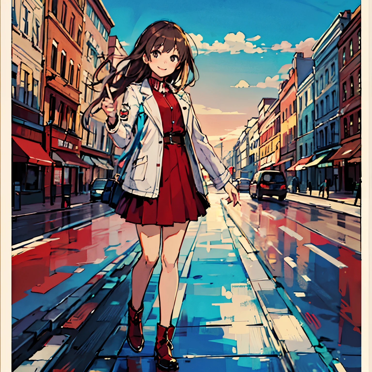 ((highest quality)), ((masterpiece)), (be familiar with), perfect face,girl,Jacket,full body image,brown hair,cute,smile,The background is the city