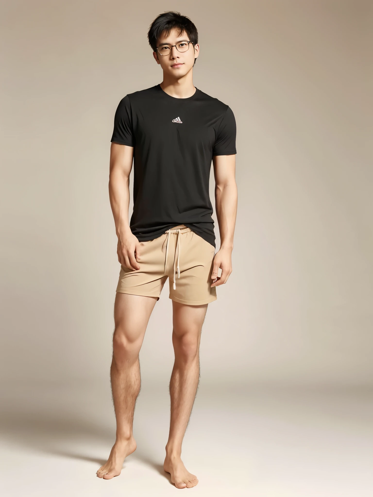 Light skin Hairy legs Track and field athlete Full body photo Wearing beige shorts Wearing a plain T-shirt Bare feet Toned legs Japanese Man in his late 20s Long legs Short hair Black hair Two-block black rimmed glasses Standing erect are doing