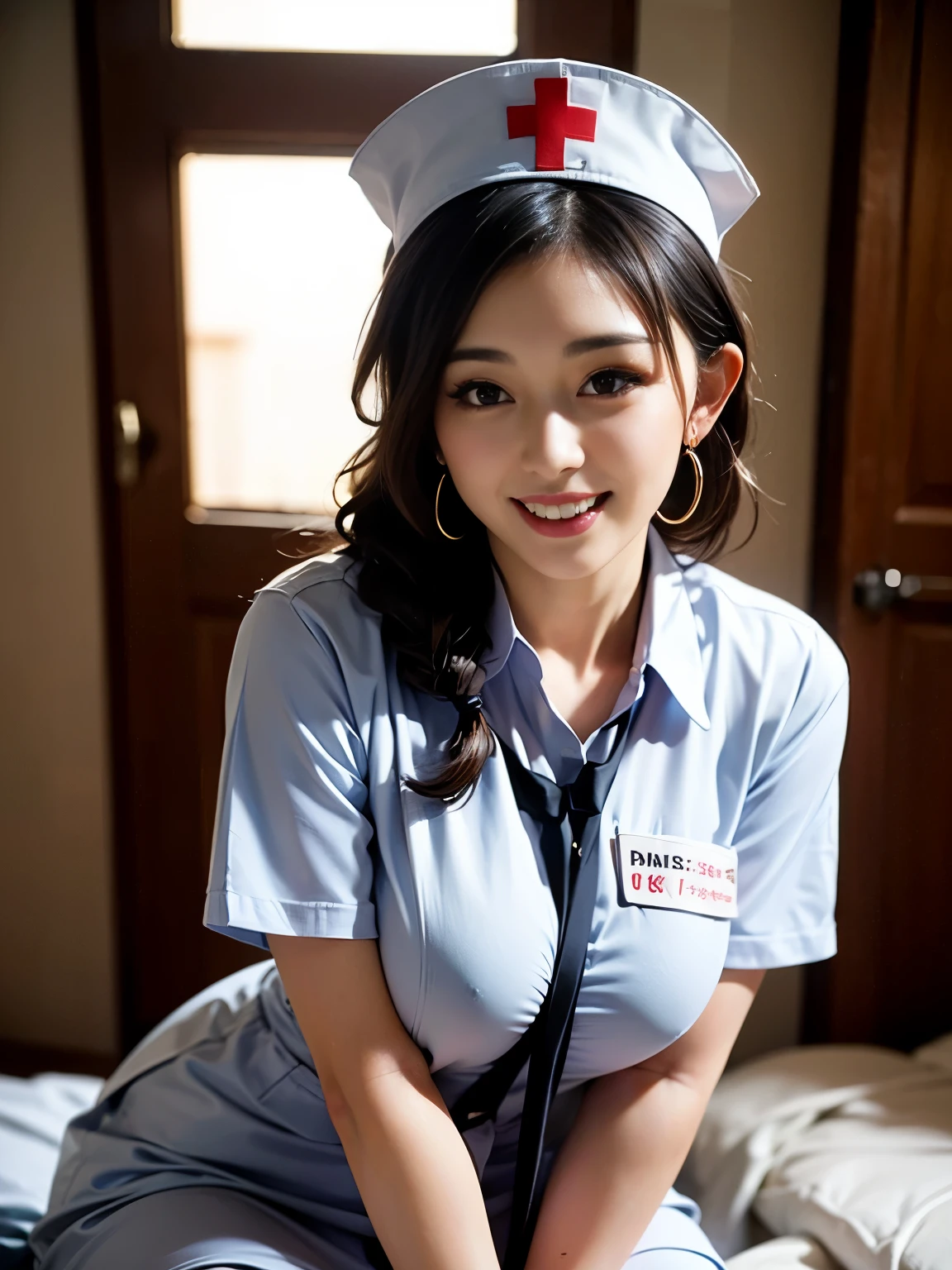 highest quality, masterpiece, high detail, 16K quality, beautiful , Light brown beautiful eyes, Voluptuous Big Breasts, she is looking at the camera, Enchanted expression, ((nurse:1.3)), very cute, mini skirt, In the examination room of the hospital, big breasts, (RAW photo、highest quality、masterpiece:1.2)、(realistic、Photoreal:1.37)、super detailed、超A high resolution、1 girl、see the beholder、beautiful and detailed face、laughter、narrow、(slim waist) :1.3)、Beautiful and smooth skin、skin texture、floating hair、professional lighting、human body as a whole、black hair, long hair、Japanese height 、E cup、Smile、24-years-old、Nurse cap、baby face、young smile、No makeup、thick lips, moisturizing lips、light pink lips、