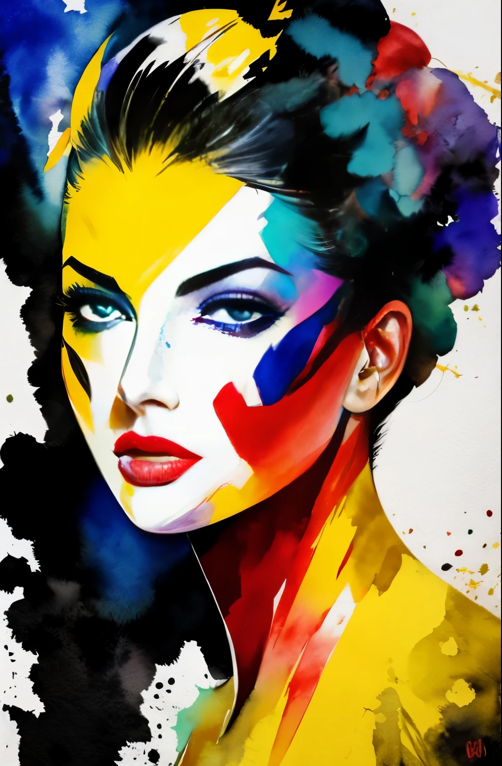 painting of a woman with a black and white face, Sylvia Pelissero watercolors, tumbler, abstract art, Intense watercolor painting, watercolor detailed art, Watercolor Splash, surreal, Avant-garde pop art, Beautiful and expressive paintings, Beautiful artwork illustration, very colorful tones, wonderful, cool beauty, highest quality,official art, women only, sharp outline, best shot, vector art, Written by Sandra Chevrier, Dave McKean、by Richard Avedon、Written by Makiezi Kusiala