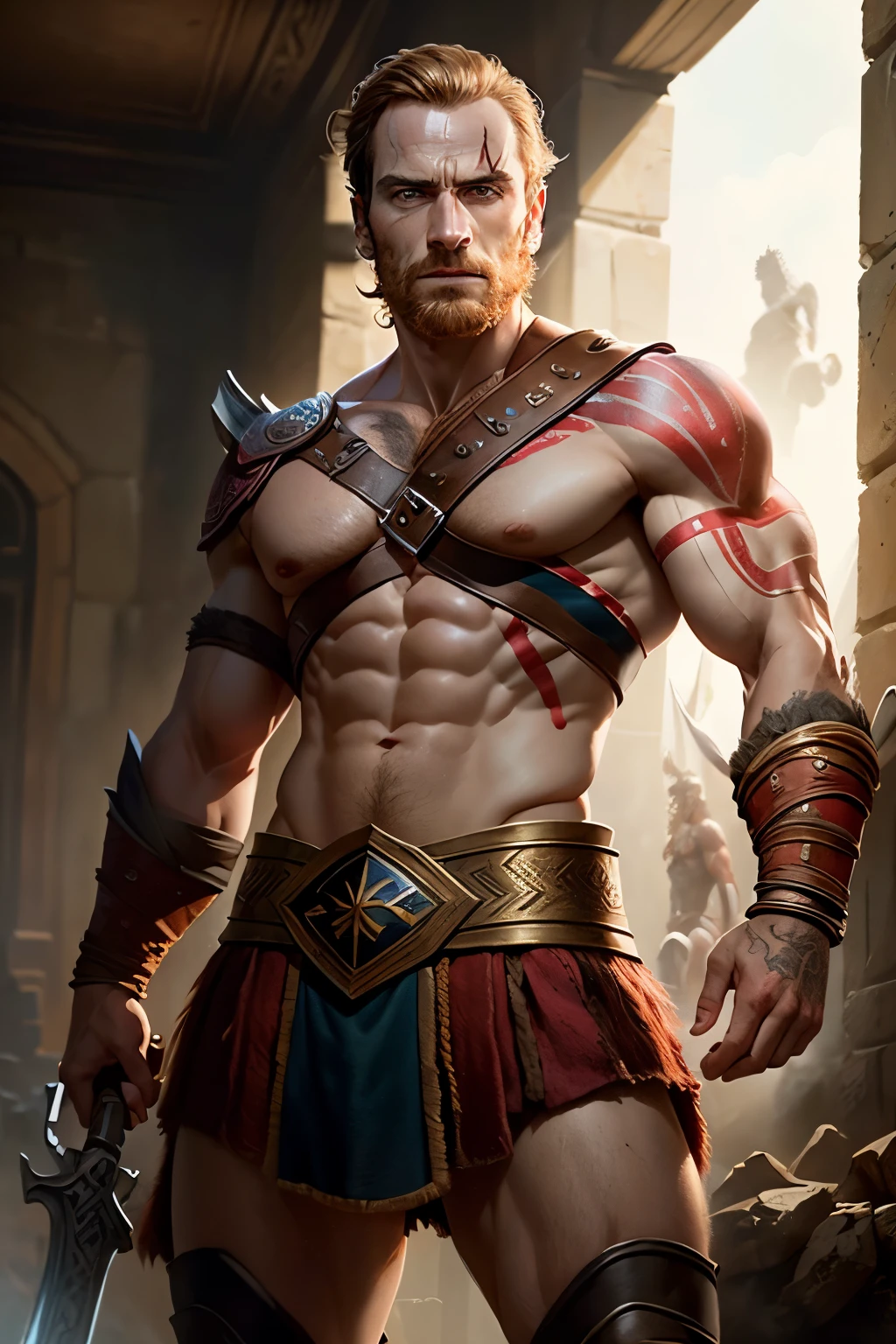 ((Michael Fassbender)), Homem com uma roupa preta segurando uma espada em um quarto escuro, Joel Kinnaman como um deus grego, 8 k filme ainda, portrait of demigod hercules, atraente macho de carne com armadura, Hercules, Retrato do deus grego Ares, filme ainda 8K, filme ainda de god of war, THOR