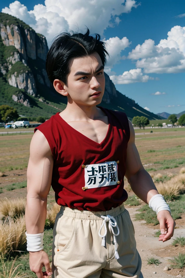 (8k, best quality, masterpiece:1.2), (finely detailed),kuririn, 1boy, black hair, male focus, solo,rocky grassfields,from side,looking at viewer, red t-shirt, white wristband, black eyes, light brown sweatpants, white ribbon, no sclera, medium hair,frown, serious