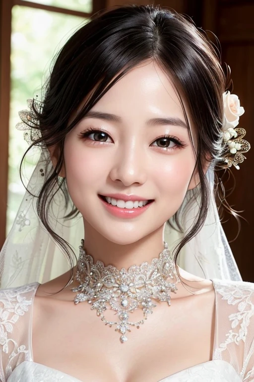 Japanese beauty、(best quality,It's photorealistic,High resolution),woman,beautiful detailed eyes,beautiful detailed lips,smiling,laughing,cute type,enjoy,Joyful smile,get excited,cozy atmosphere,,magic moment,sparkling,Wedding dress,,love and laughter、looking at the camera、Delicate system、marriage、marriage式、happy look
