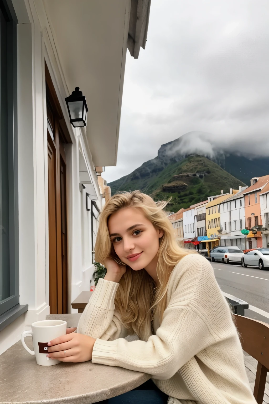 A photo of 20 years old greek blonde model in cafe, having a coffe, shot with iphone 15, no filters, cloudy, bright weather, wearing warm clothes, an instagram casual photo, extra space in photo