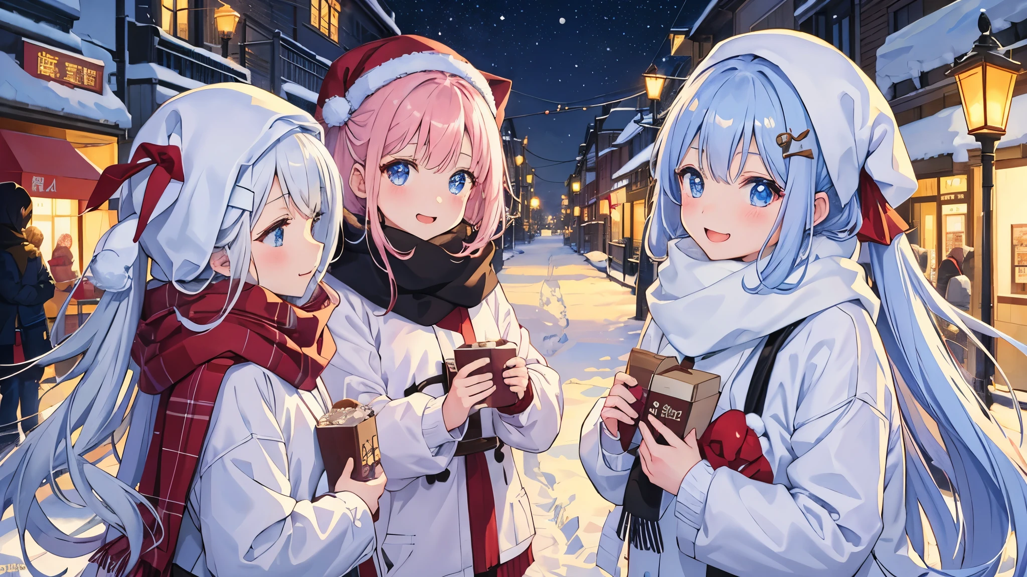 snow、girl、Wear against cold、cocoa、Scarf、Christmas、decoration、street light、Light、crystallization、smile、magic、adventure、landscape、anime、anime化、animeチンコ、detailed face