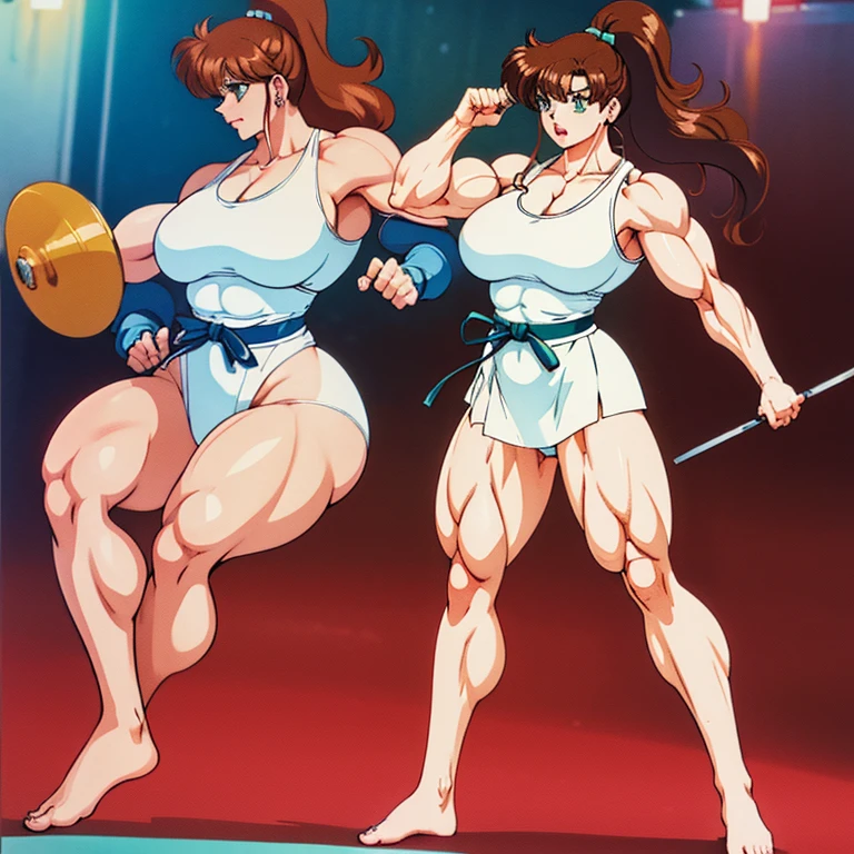 Makoto beim Karate Kampf, Makoto is wearing a karate suit, Barefoot, muscular physique, makoto macht Bodybuilding,Huge muscular biceps, breite, muscular shoulders, Bauchmuskeln, Abs, Her big muscles tear through her karate suit, Full body image, Meisterwerk, Highest details, high resolution