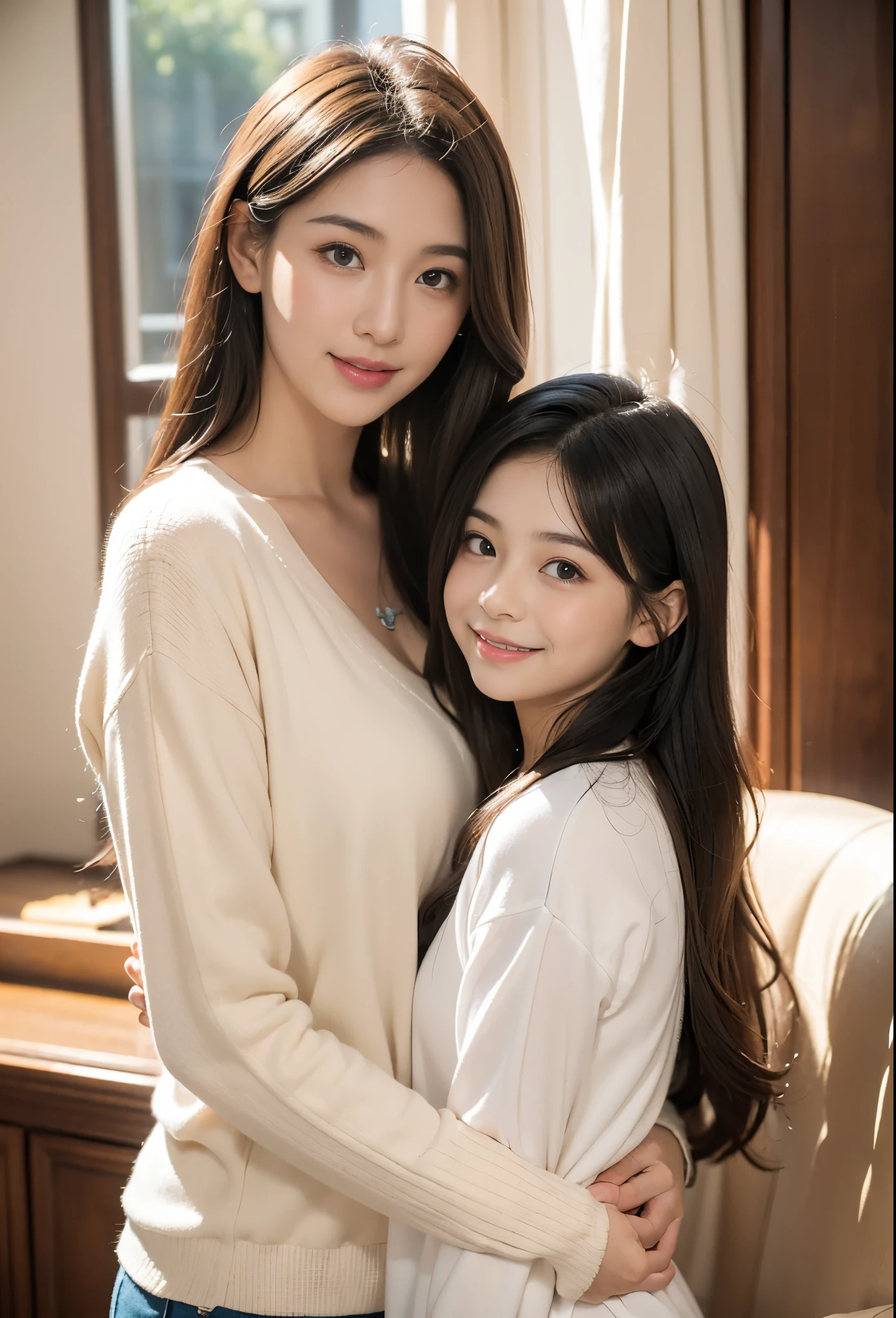 best quality，masterpiece，ultra high resolution，（Fidelity：1.4），original photo，Smile，2 girls，25-year-old woman and ***************，ladies and ***********s, mother and daughter,，charming，