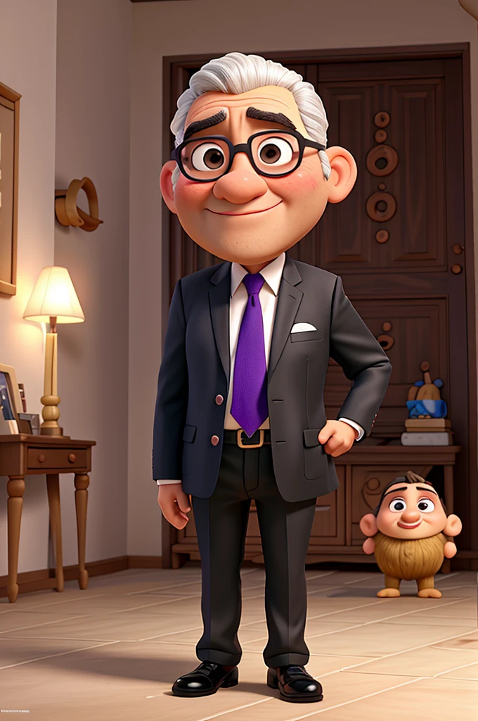 Gere uma imagem de Antonio Costa primeiro ministro de portugal inspirada nos estilos visuais dos filmes da Pixar. In this representation, Antonio Costa only wears a black suit and a violet tie that adds a touch of elegance to his figure. Pele escura tipo indiano, cabelo branco curto, testa grande, olhos pretos, sobrancelhas pretas, corpo grande e largo, presidente, pose de presidente, standing, gordo, 

Antonio Costa sorrindo com um sorriso aberto, exibindo os dentes de maneira natural e confiante, em linha com a Pixar; expressive aesthetics. His black eyes are large and expressive, capturando o ator&#39;characteristic intensity and charisma. Make sure he is looking directly at the camera.

The lighting of the scene highlights Antonio Costa; facial features in a friendly manner., com uma luz frontal suave que enfatiza seu rosto. Adicionalmente, uma luz azulada vinda de lado.

The scenery composed of a plain gray background