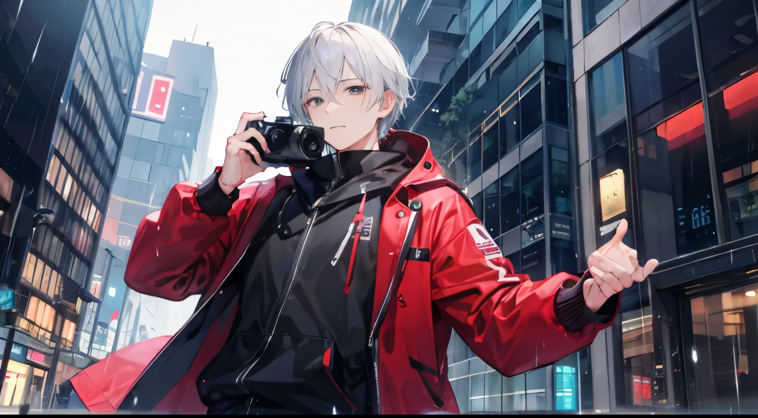 one cool man、City of night、rain、holding a camera
