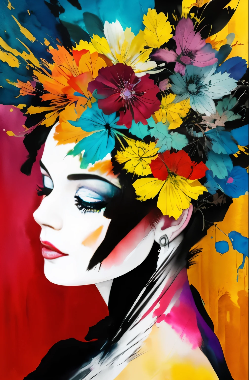 painting of a woman with a black and white face, Sylvia Pelissero watercolors, tumbler, abstract art, Intense watercolor painting, watercolor detailed art, Watercolor Splash, surreal, Avant-garde pop art, Beautiful and expressive paintings, Beautiful artwork illustration, very colorful tones, wonderful, cool beauty, highest quality,official art, women only, sharp outline, best shot, vector art, Written by Sandra Chevrier, Dave McKean、by Richard Avedon、Written by Makiezi Kusiala