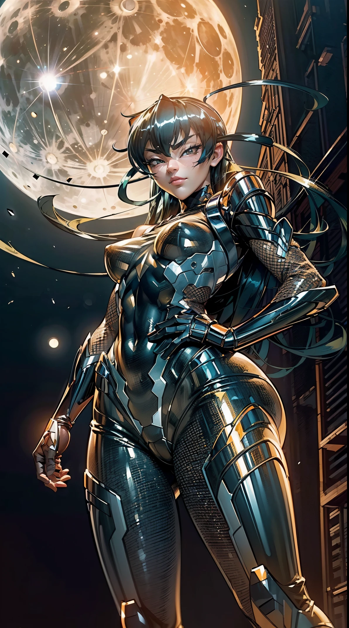 1girl,(concept art:1.0),(Taimanin Asagi style:1.3),woman wearing a bodysuit,(Face to shoulder:1.4),(big eyes:1.3),(beautiful face:1.3),(small nose),(thin smile),(The background is the moon:1.1),(from below),masterpiece,8k,Super detailed.High resolution