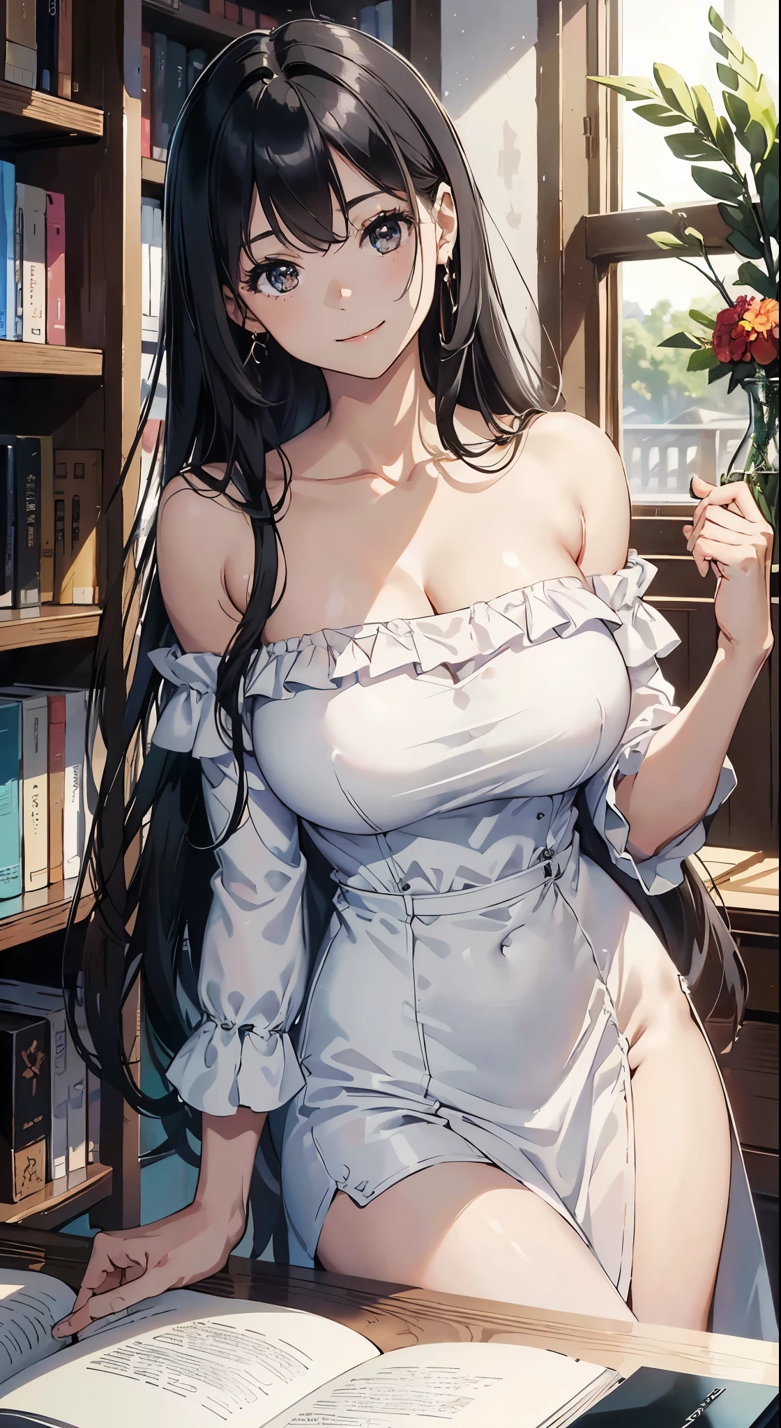 （masterpiece），（best quality），（Very detailed），（Enlightenment），（ultra high resolution）a girl，Off the shoulder dress，Smile，(Off the shoulder dresentor，black hair，Long straight hair，White shirt，mature woman，huge titrown，top down view，close-up，Bookshelf DSM))，(())