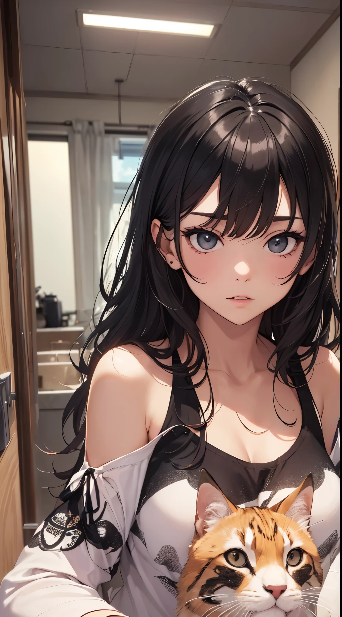 ((( with black hair))) (((Smiling face))) (((large full breasts))) (((Black sexy bra))) (((cleavage of the breast))) inside in room