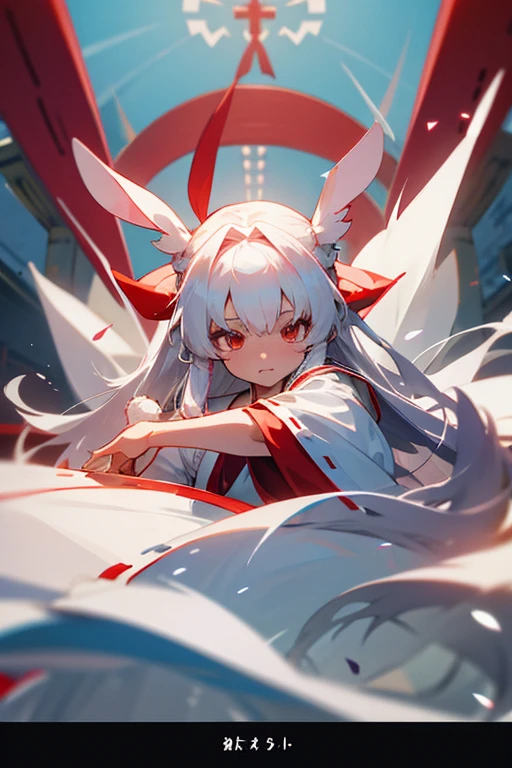 Rabbit girl,long white robes,complaint,long white hair, shrine maiden, bust shot