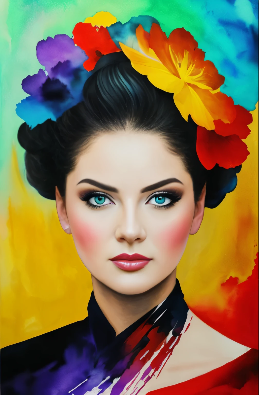 painting of a woman with a black and white face, Sylvia Pelissero watercolors, tumbler, abstract art, Intense watercolor painting, watercolor detailed art, Watercolor Splash, surreal, Avant-garde pop art, Beautiful and expressive paintings, Beautiful artwork illustration, very colorful tones, wonderful, cool beauty, highest quality,official art, women only, sharp outline, best shot, vector art, Written by Sandra Chevrier, Dave McKean、by Richard Avedon、Written by Makiezi Kusiala