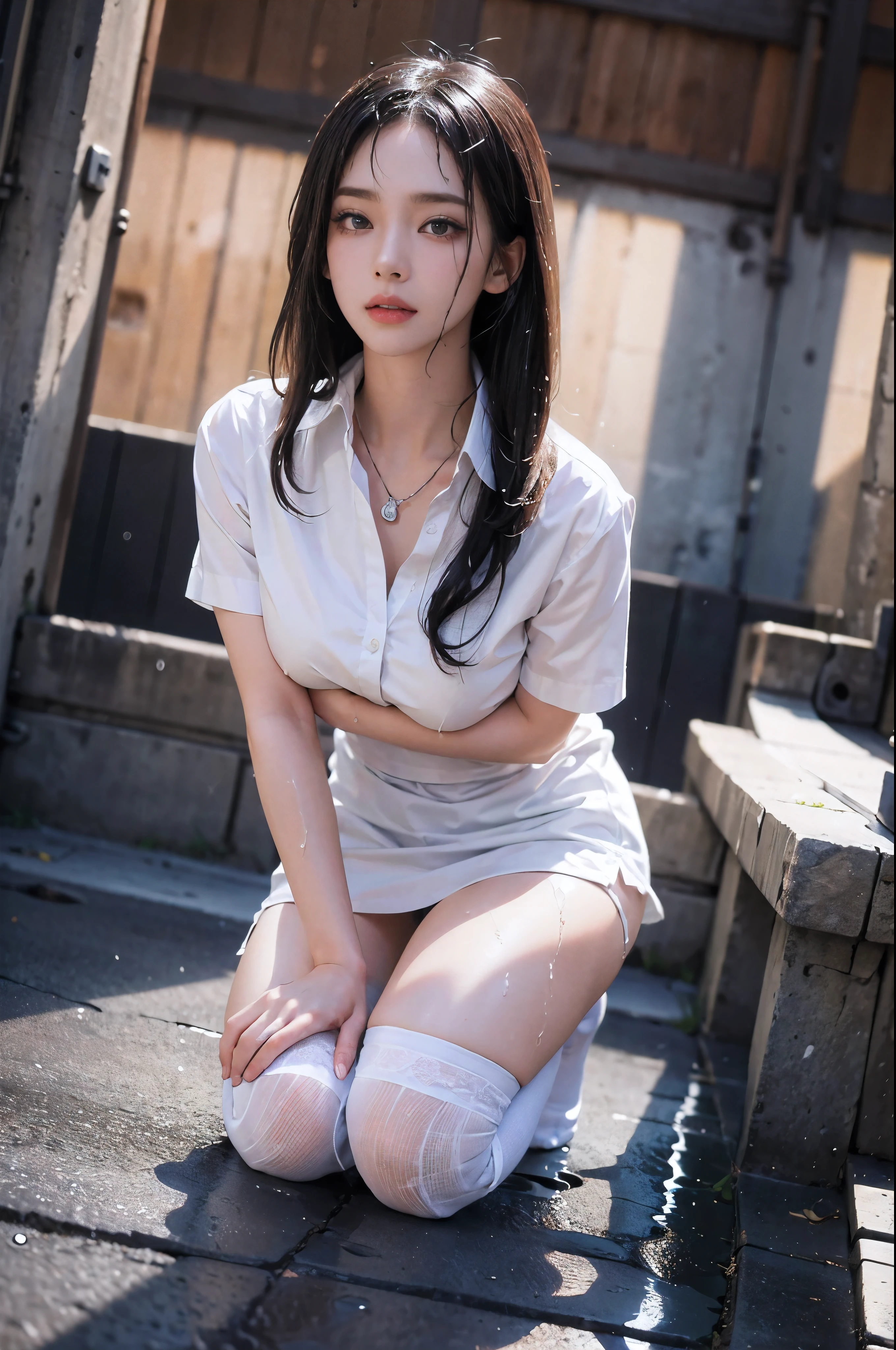 ((highest quality、8K、masterpiece:1.3))、Standing、sharp focus:1.2、(genuine、photogenuineistic:1.37)、lazy smile、Feet to the viewer、Feet in front of the audience、beautiful face woman、28 years old、pointed chest、NSFW、long eyelashes、color contact lenses、big breasts 、Delicate、very fine eyes、highly detailed eyebrows、(sharp eyebrows)、(thin eyebrows).highly detailed face、(Brunette disheveled hair:1.3),(((A white shirt to avoid getting wet:1.4)))、small necklace、high waist micro mini skirt、((black thigh socks:1.4))、beautiful thighs、from below、detailed background(8K、masterpiece、highest quality、RAW photo)、knee high boots、Touching the thigh、Raise one knee、Quiet residential area