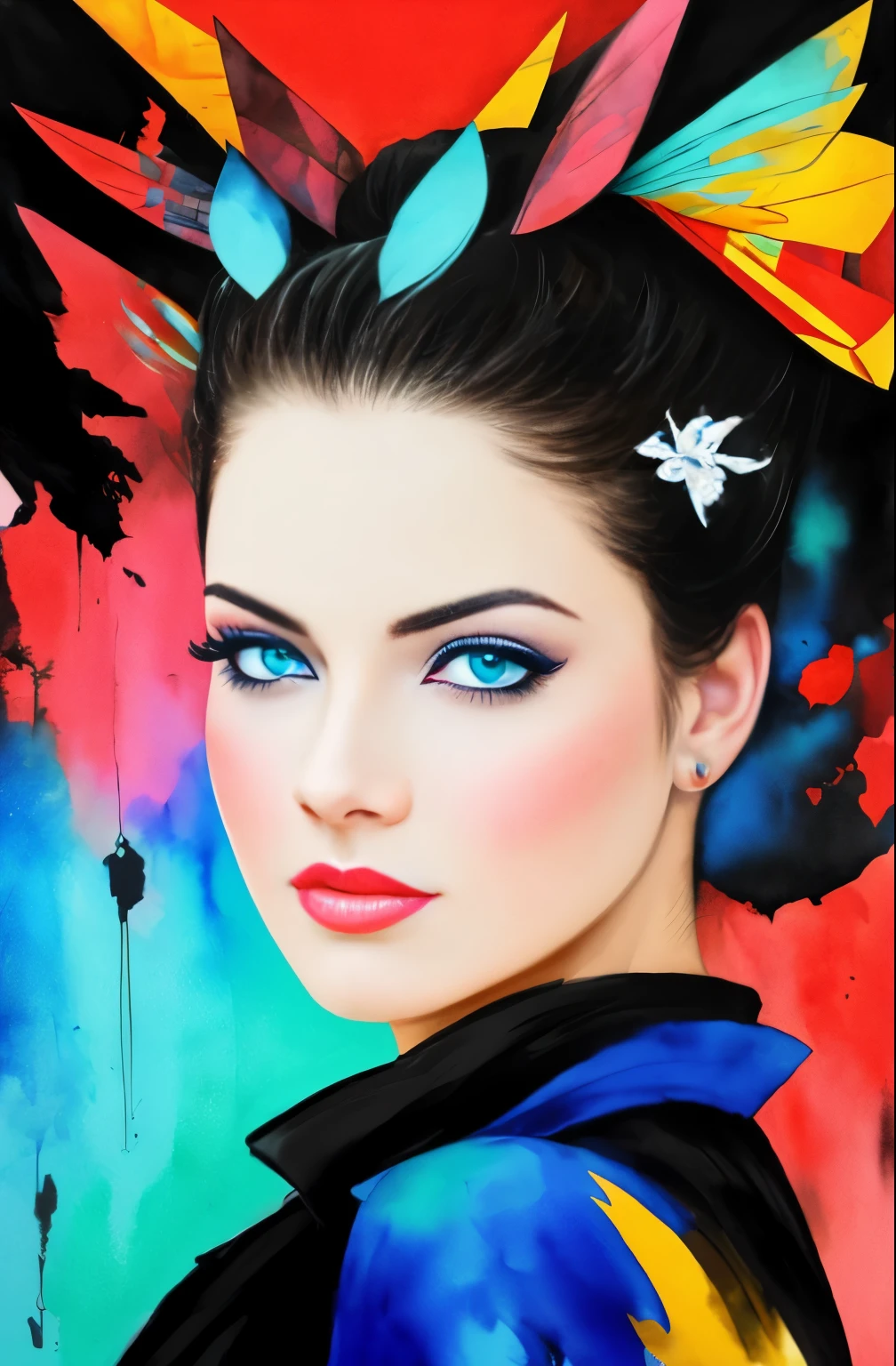 painting of a woman with a black and white face, Sylvia Pelissero watercolors, tumbler, abstract art, Intense watercolor painting, watercolor detailed art, Watercolor Splash, surreal, Avant-garde pop art, Beautiful and expressive paintings, Beautiful artwork illustration, very colorful tones, wonderful, cool beauty, highest quality,official art, women only, sharp outline, best shot, vector art, Written by Sandra Chevrier, Dave McKean、by Richard Avedon、Written by Makiezi Kusiala