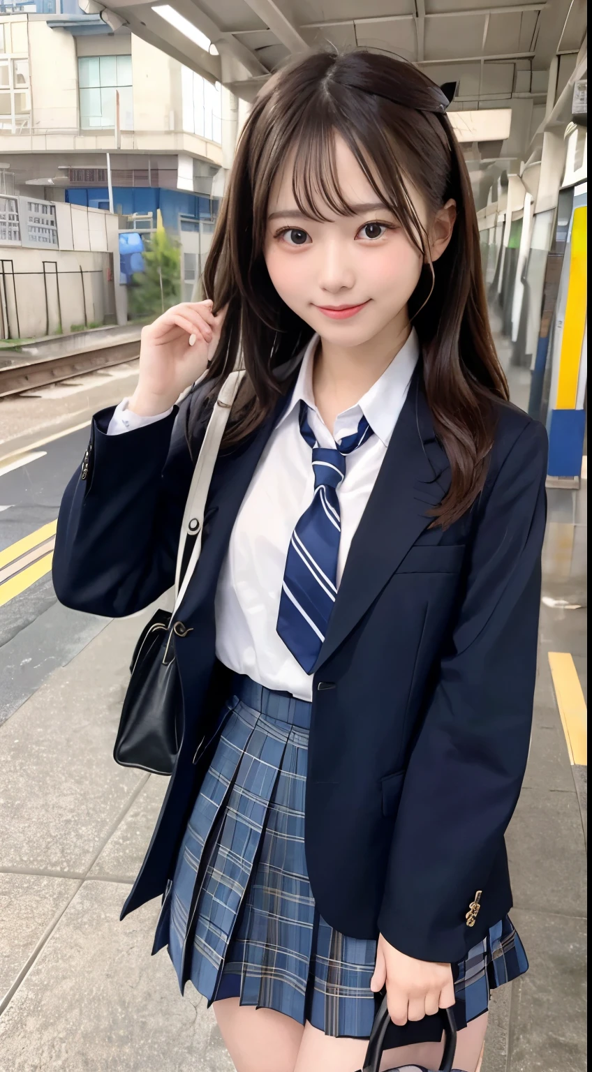 (masterpiece, best quality),
smile, One schoolgirl looking at us in her school uniform on a station platform in the morning