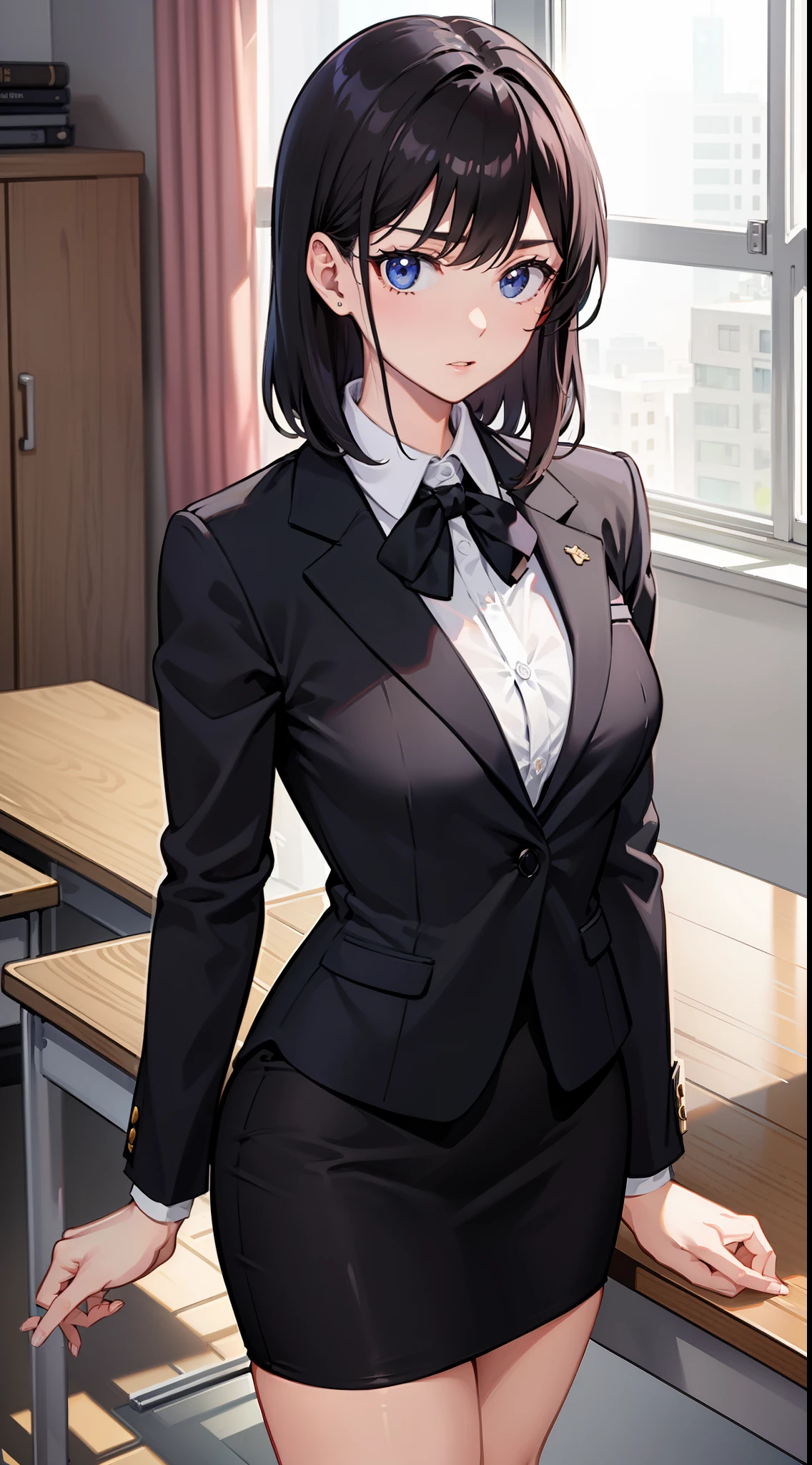 1 lady,Female Teacher,30 seconds,office suit, Black tight skirt,White shirt, permanent,It's out,,wide hips, short of a person,pretty face,squint,Thin eyebrows,Cool face,black hair, medium hair,from the front,indoor,daytime,in the classroom,anime style,on the table, extremely exquisite,illustration