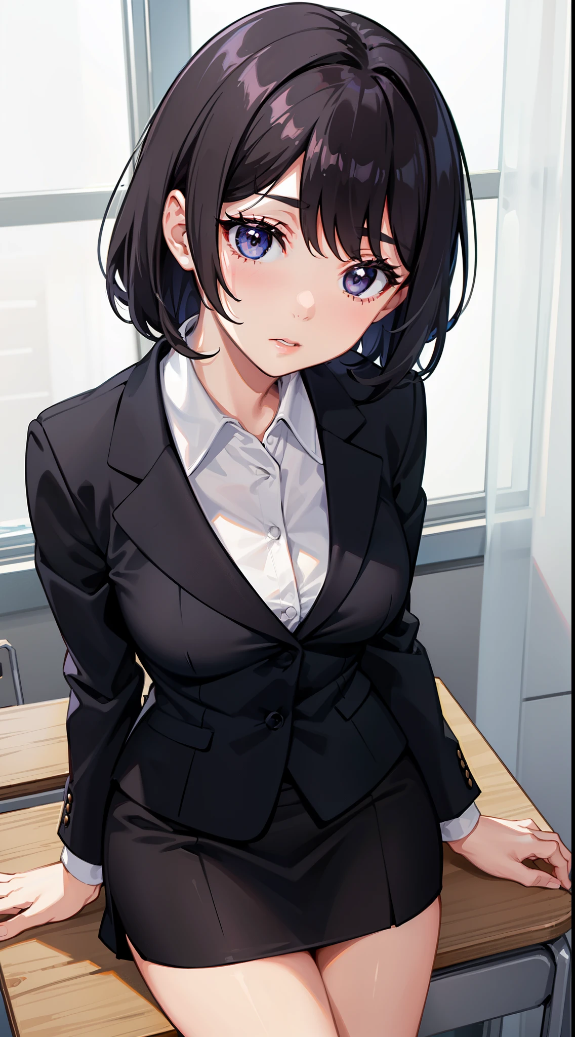 1 lady,Female Teacher,30 seconds,office suit, Black tight skirt,White shirt, permanent,It's out,,wide hips, short of a person,pretty face,squint,Thin eyebrows,Cool face,black hair, medium hair,from the front,indoor,daytime,in the classroom,anime style,on the table, extremely exquisite,illustration