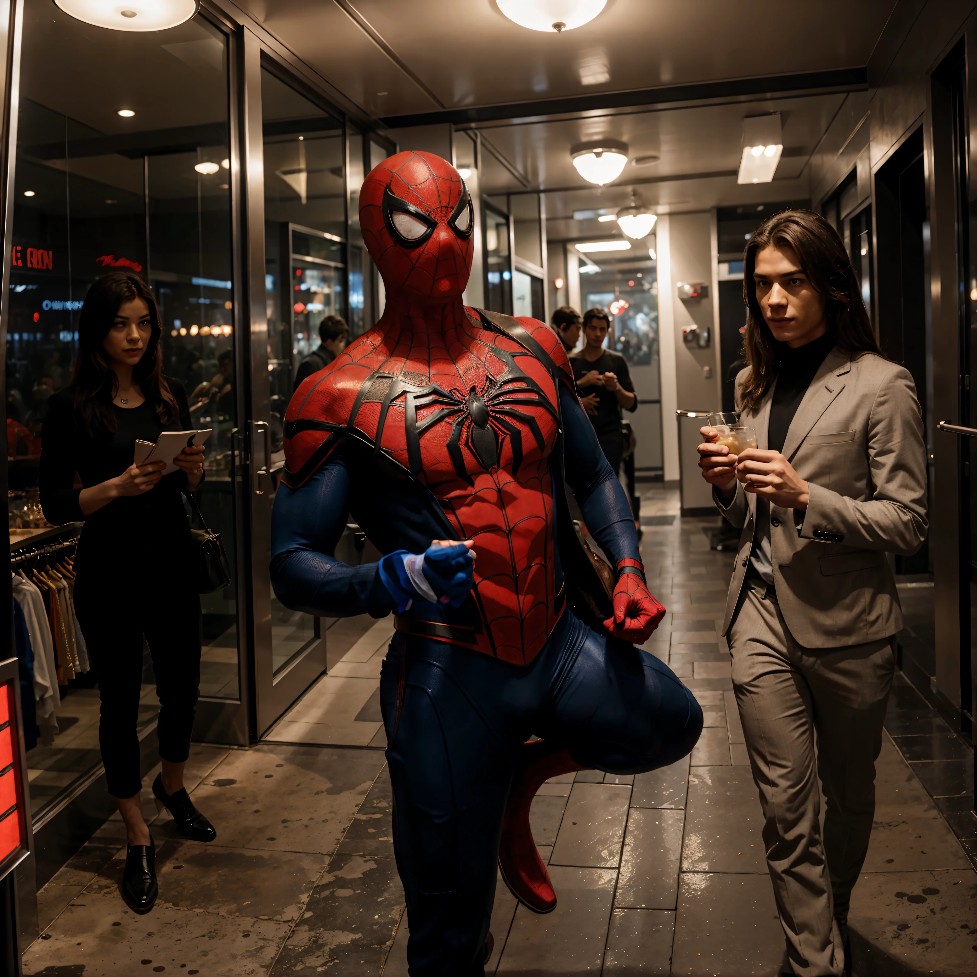 Spider-Man goes on a date, in an expensive suit, Muscular body.