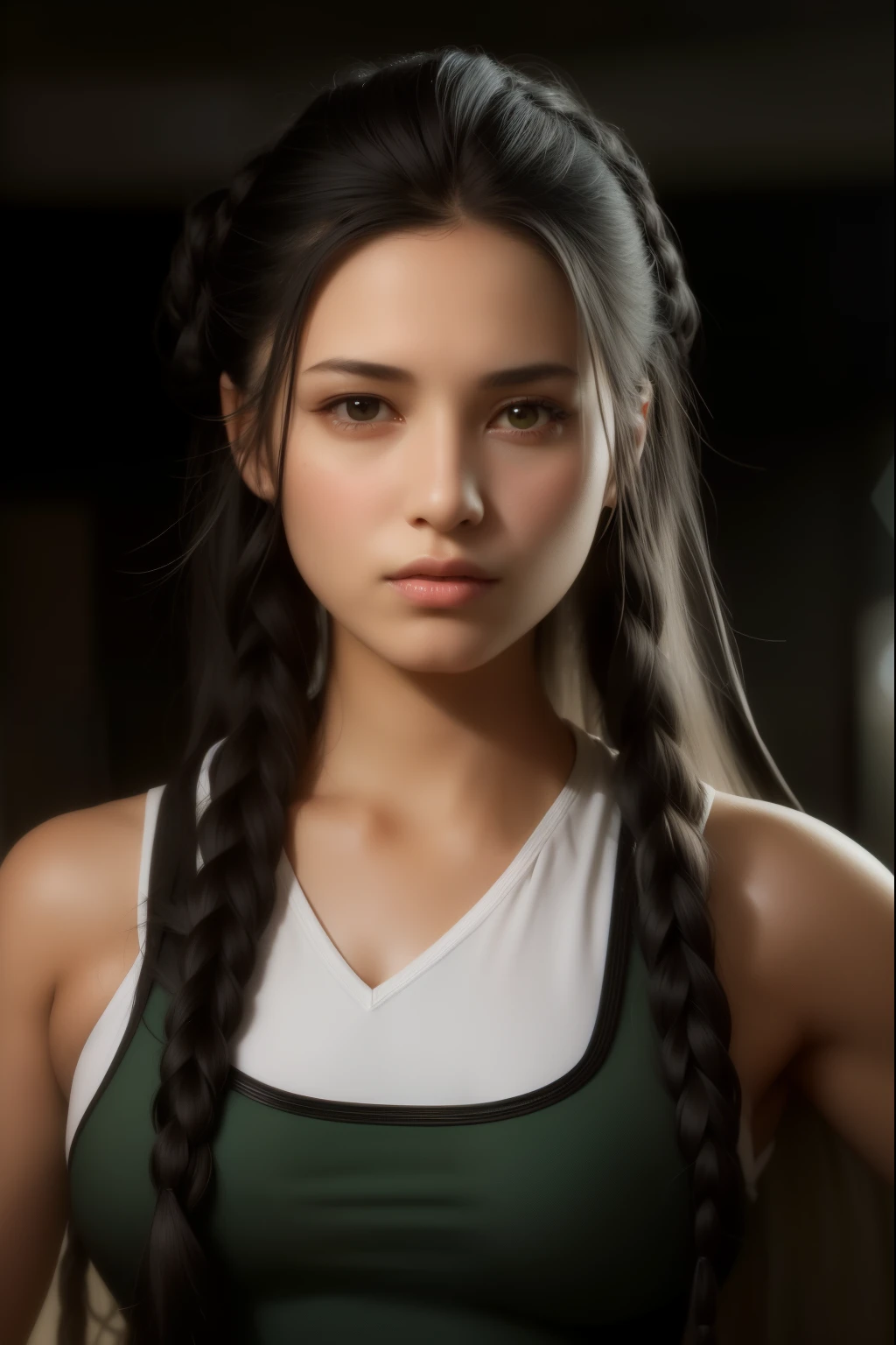 arafed woman with long black hair and green top posing for a picture, girl with plaits, soft portrait shot 8 k, woman with braided brown hair, portrait of a beautiful model, attractive female face, beautiful young woman, beautiful female model, photo of a beautiful woman, realistic face moody lighting, cinematic headshot portrait, 4k headshot photography