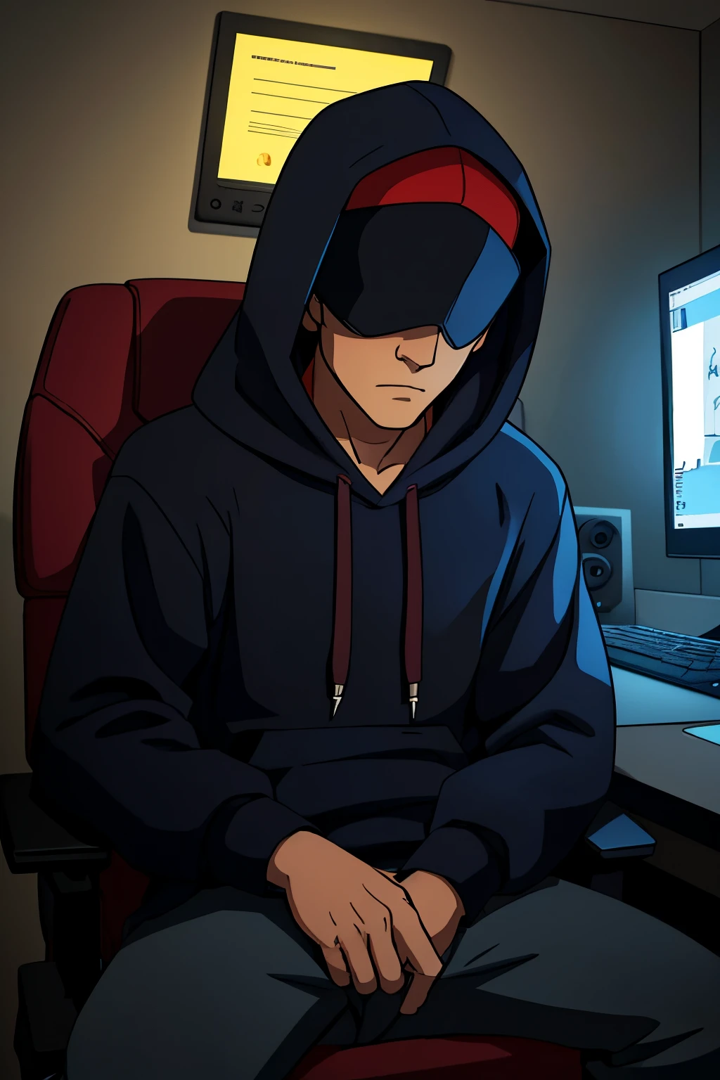 A 17-year-old boy sitting in his gaming chair, with an open computer and mic, looking at viewer, The boy dressed in a dark-hued hoodie that covers his eyes, Le style artistique est dans le dessin, no background