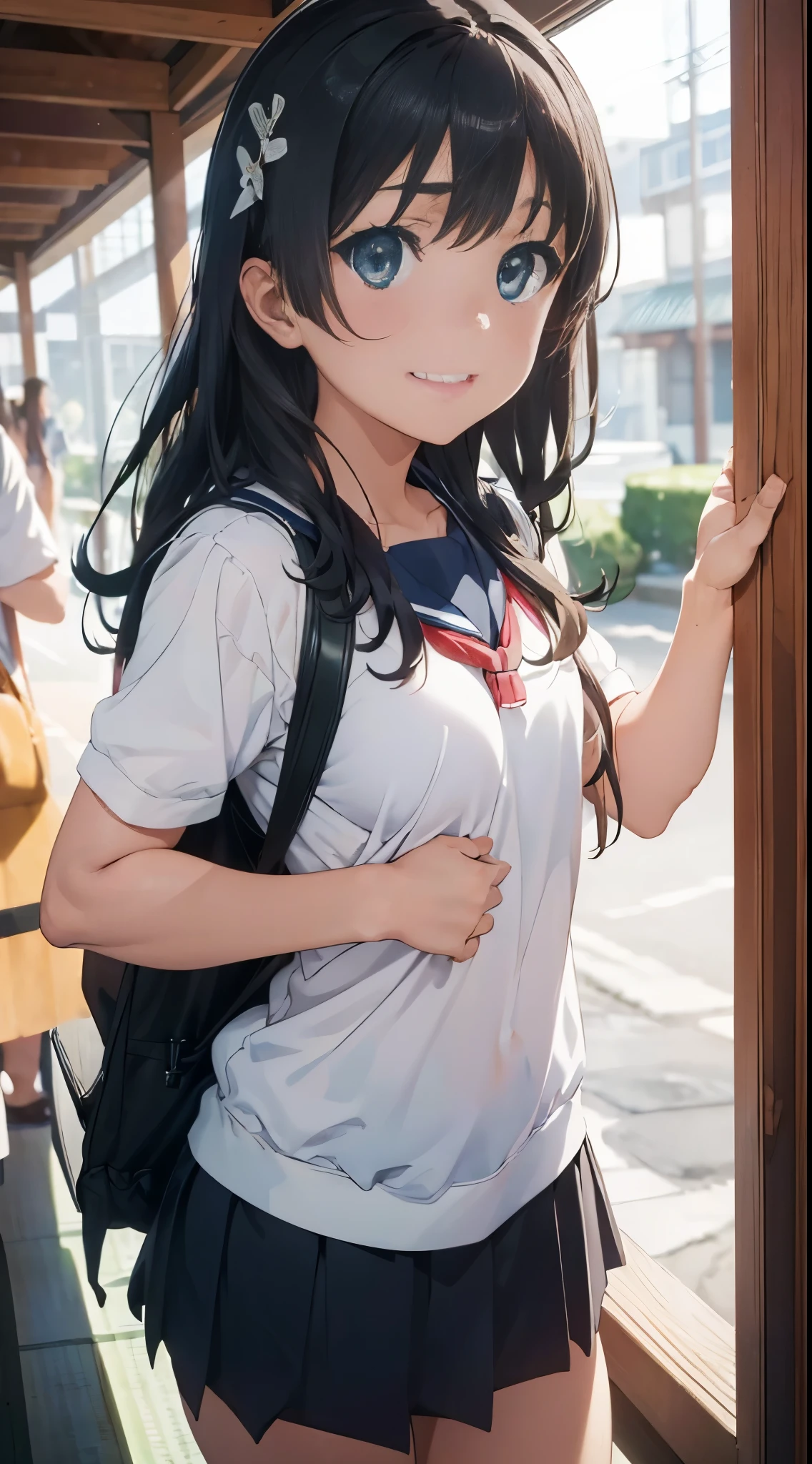 1womanl,Black hair,14years ,(()),Beautiful breasts,(((sexy white and blue shiny cheongsam)))(())(((Blushing cheeks、Smile with open mouth)),(((Satin Narico))),((( portlate))),(,Crowds