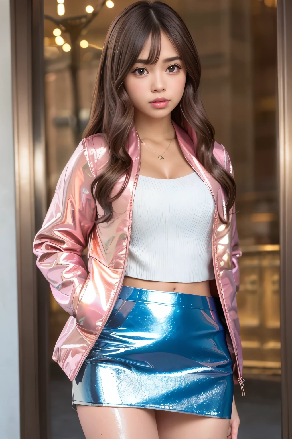 Angelique A very beautiful and cute girl,
beautiful and fine eyes,
detailed double eyelids,
(Big eyes:1.4),
long brown straight hair,
See-through bang,
sharp focus,
beautiful detailed face and eyes,
droopy eyes,
(soft saturation: 1.3), (Fair skin: 1.2),break
( Super shiny metallic coral pink stylish winter outerwear:1.5) , (Super shiny pantyhose:1.3) , walk,
Costume lighting,
in the city,
brown hair,break (Super Shiny Metallic Blue Mini Skirt :1.4)