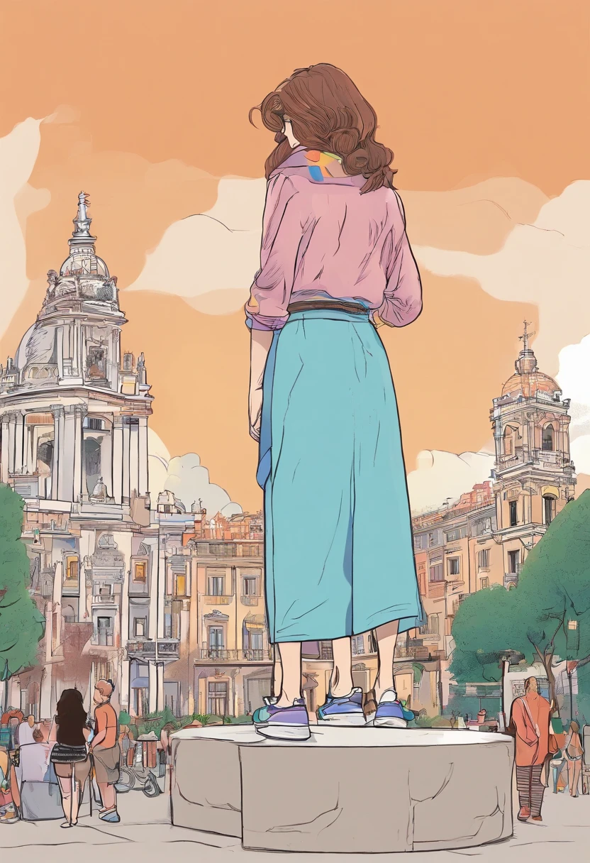 there a woman standing in front of a squirt with statues, in Barcelona, in a city square, Stand in the heart of the city, Desperate to pee, Gripping her crotch, Cross her legs, need to pee, have to pee very bad, In Spain, in the city, In the middle of the city, squirt in the middle, In city parks, Barcelona, Inspired by Cheryl Fountain, surround the city, Inspired by Luis Palette y Alcazar, squirt、Book、brown hair、pens、squirtの近くのベンチでBookを読む女性、