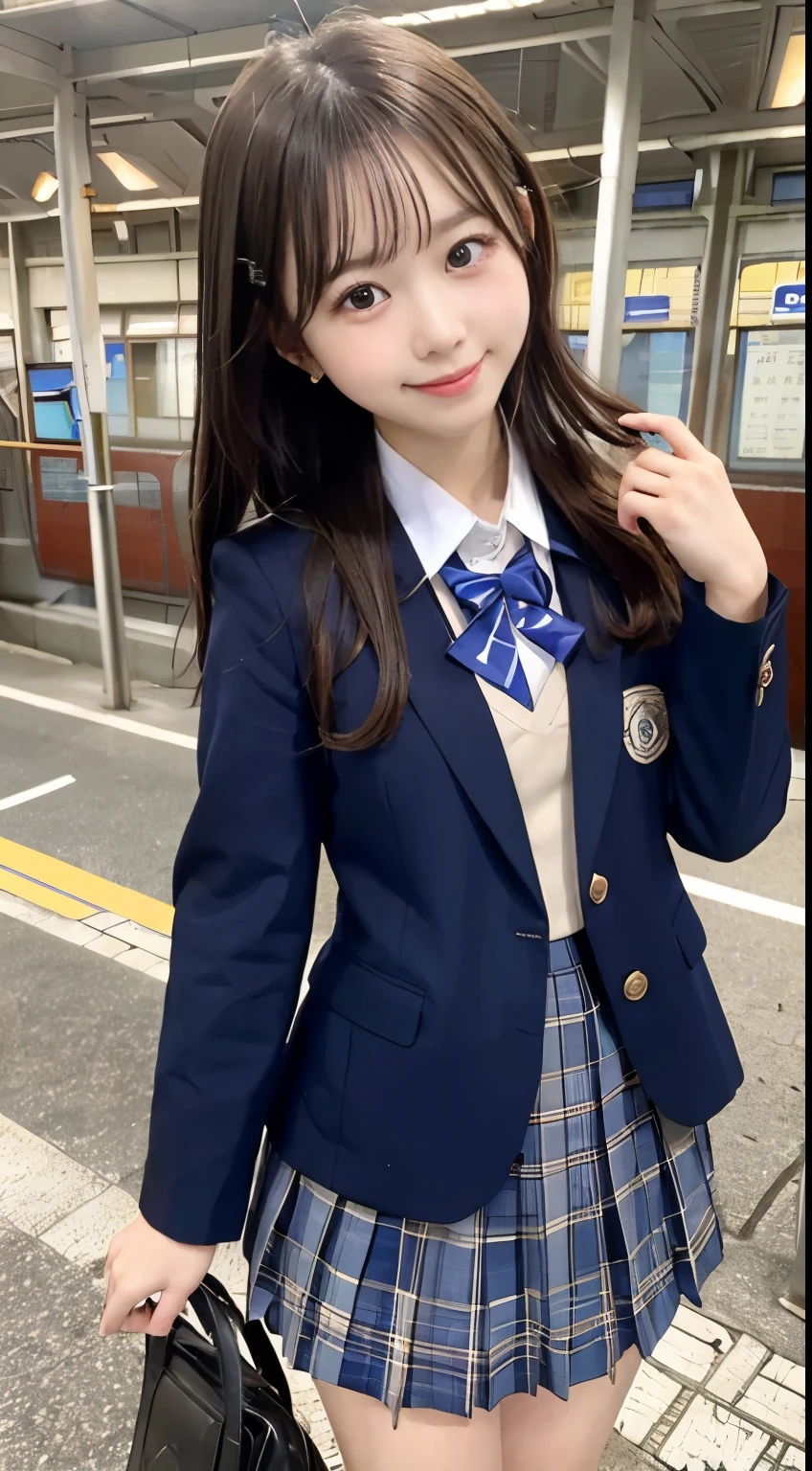 (masterpiece, best quality),
smile, One schoolgirl looking at us in her school uniform on a station platform in the morning