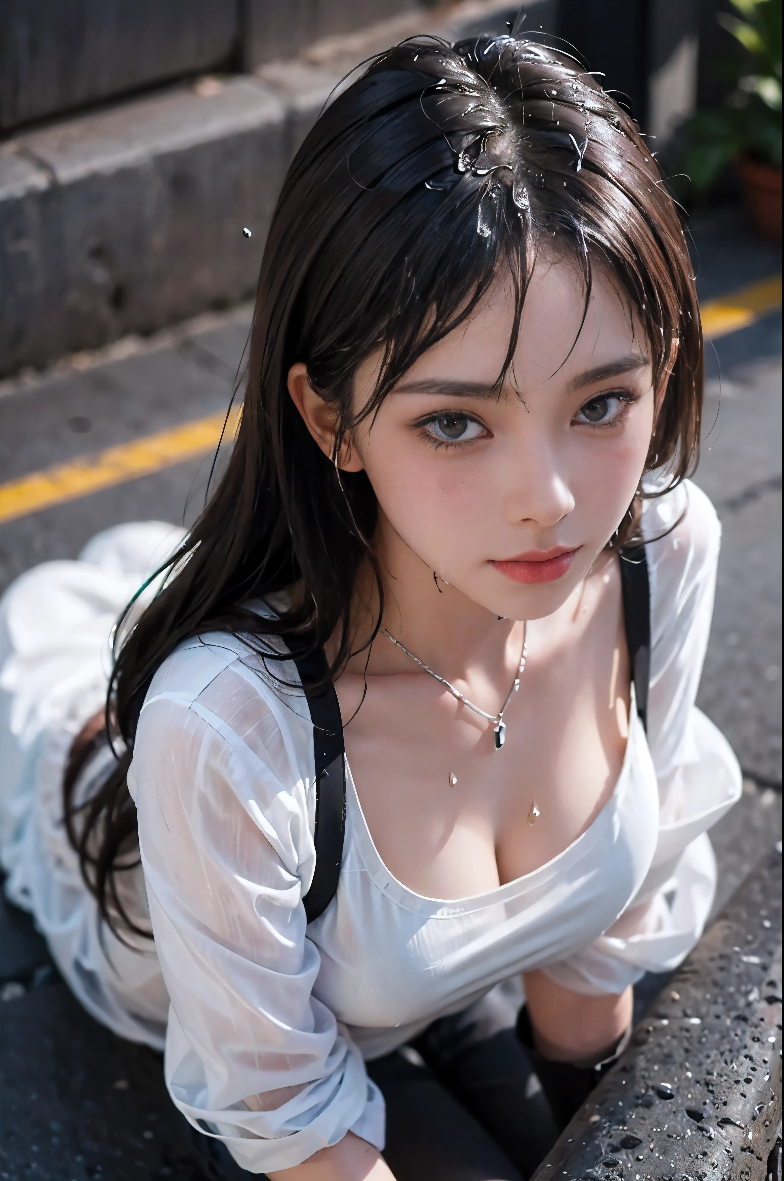 ((highest quality、8K、masterpiece:1.3))、Standing、sharp focus:1.2、(genuine、photogenuineistic:1.37)、lazy smile、Feet to the viewer、Feet in front of the audience、beautiful face woman、28 years old、pointed chest、NSFW、long eyelashes、color contact lenses、big breasts 、Delicate、very fine eyes、highly detailed eyebrows、（sharp eyebrows）、（thin eyebrows）.highly detailed face、(Brunette disheveled hair:1.3),(((Wet and see-through white shirt:1.4)))、small necklace、white panties、beautiful thighs、from below、detailed background(8K、masterpiece、highest quality、RAW photo)、knee high boots、Touching the thigh、Raise one knee、Quiet residential area