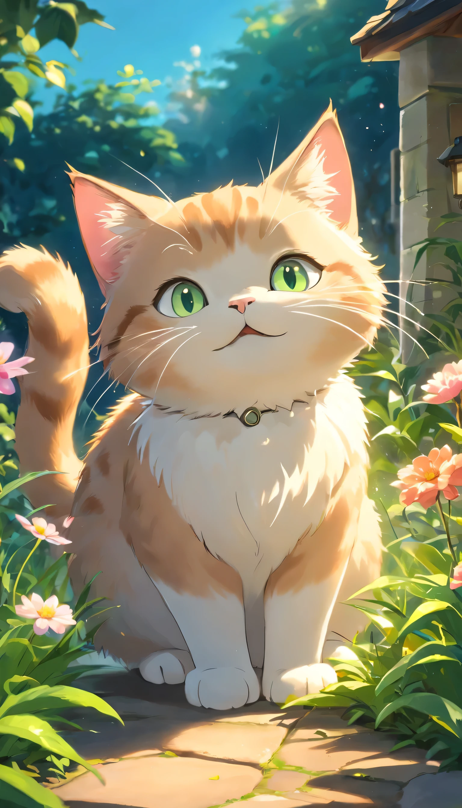 (better quality,4K,8K,High resolution,masterpiece:1.2),super detailed,(realist,fotorrealist,fotorrealist:1.37),beautiful,fine eyes,detailed lips,very detailed,cute,Playful cat in the garden,bright light,bright light,magic lighting,Adorable 3D rendering,Nice artwork,Nice bright lights,bright light impressionantes,beautifulデジタルアート,Lovely digital art,Adorable cat,Capricious cat,bright light cativantes,Glossy digital art,Beautiful and shining creatures,愛らしいCapricious cat,magic scene