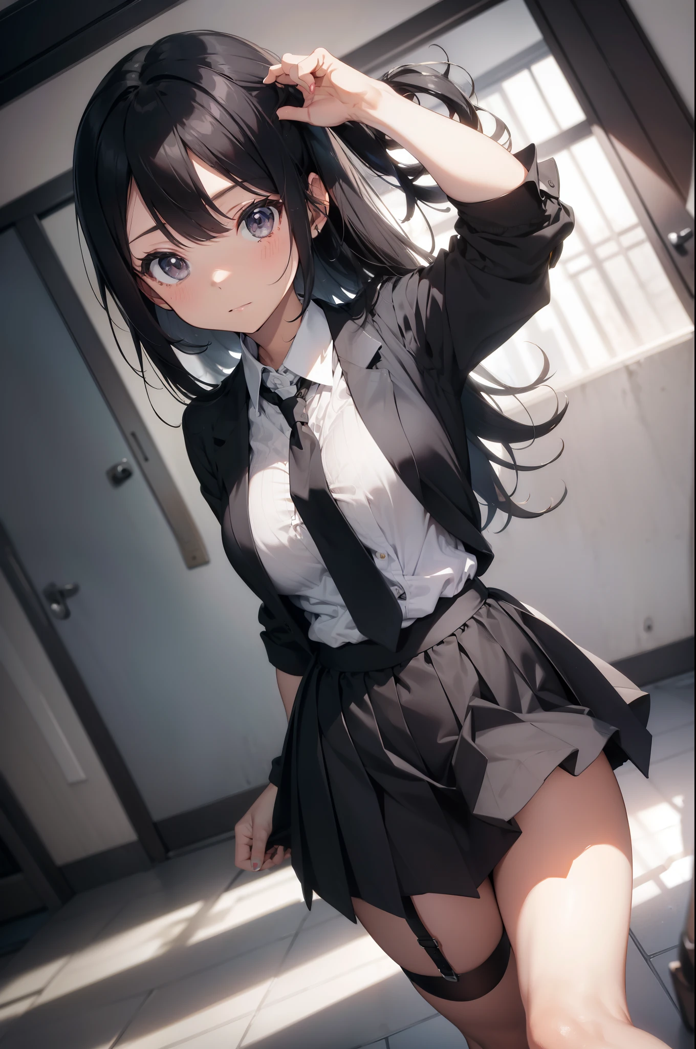 ((masterpiece, Highest quality)), (One girl), (alone), (Focus on women), (Ahoge, Gray Hair, Very long hair), Golden Eyes, A light smile, Open your mouth, ((White shirt), (Buttoned shirt), (Button gap)), ((Black Skirt), (Short skirt)), Are standing, White Background, Put your arms behind your back, Dynamic Angle,,（Sharp Eyes）,（Glaring:1.1）,Scornful Eyes,（empty eyes）Grit your teeth,Sweat,（Lift up your skirt yourself）,pantyshot,（Panties through pantyhose）,cameltoe focus,（from below）masterpiece,Highest quality,8K,Black hair two side up,Mid-length hair,Less hair volume,No sleeve,Checkered mini skirt,Small breasts，（Sharp Eyes）,（Glaring:1.1）,Scornful Eyes,（empty eyes），Grit your teeth,Sweat,ass pov,blush, Small breasts,Grin,Panty details,Detailed Description,Light blue panties,High quality panties,Panties with stains,Wet texture,fine hands,Beautiful Hands,Perfect hands,Beautiful Skin,Shadowed face,In the back alley