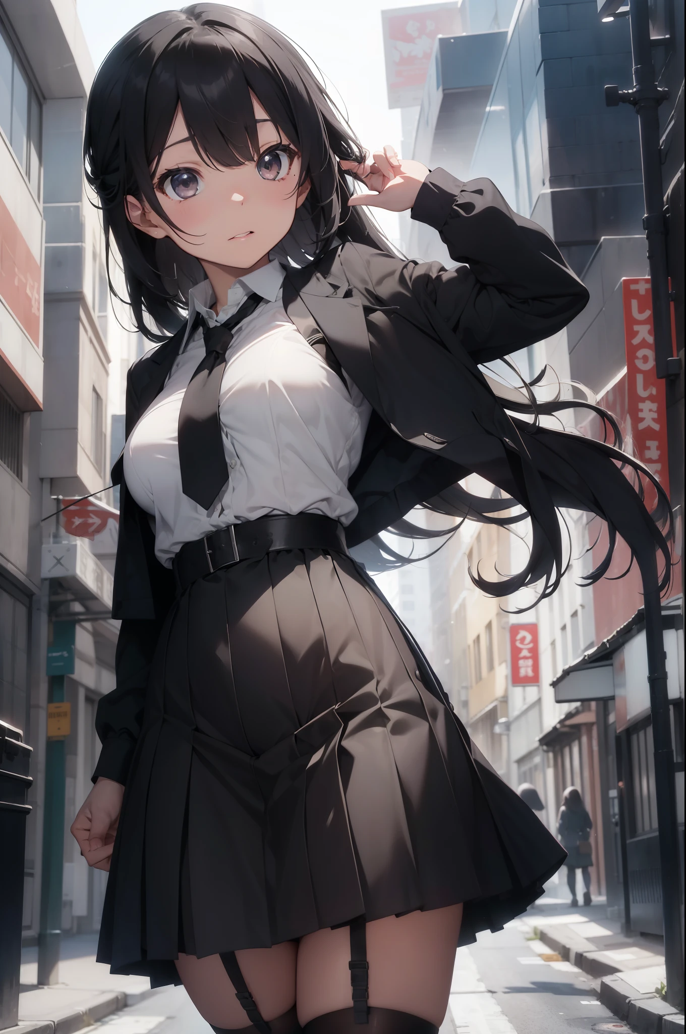 a black skirt, tie, White shirt　sling, long black hair, gray eyes, leather case, Garter on the legs, mitigately breasts, hands raised overhead, mitigate, Pichi Pichi clothes, two sides