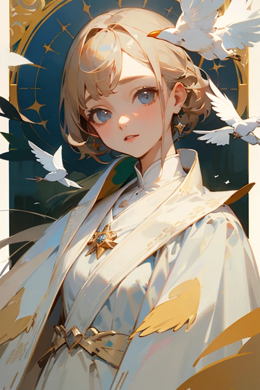 ((highest quality)), ((masterpiece)), (be familiar with), perfect face、talk to birds、white dress、Queen、