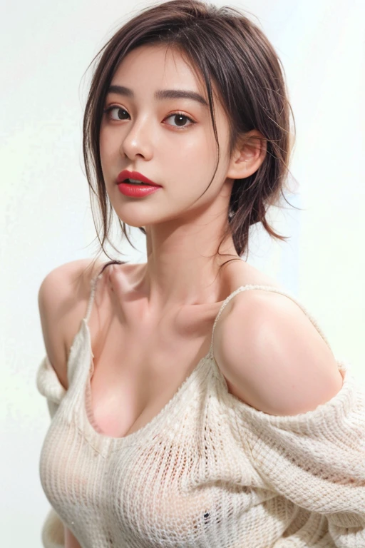 1girl in,Sweaters,White background,Lifelike face、short-hair、Realistic hair quality、brawn hair、detailedasuter piece、realistic skin textureole、Dark circles under the eyes