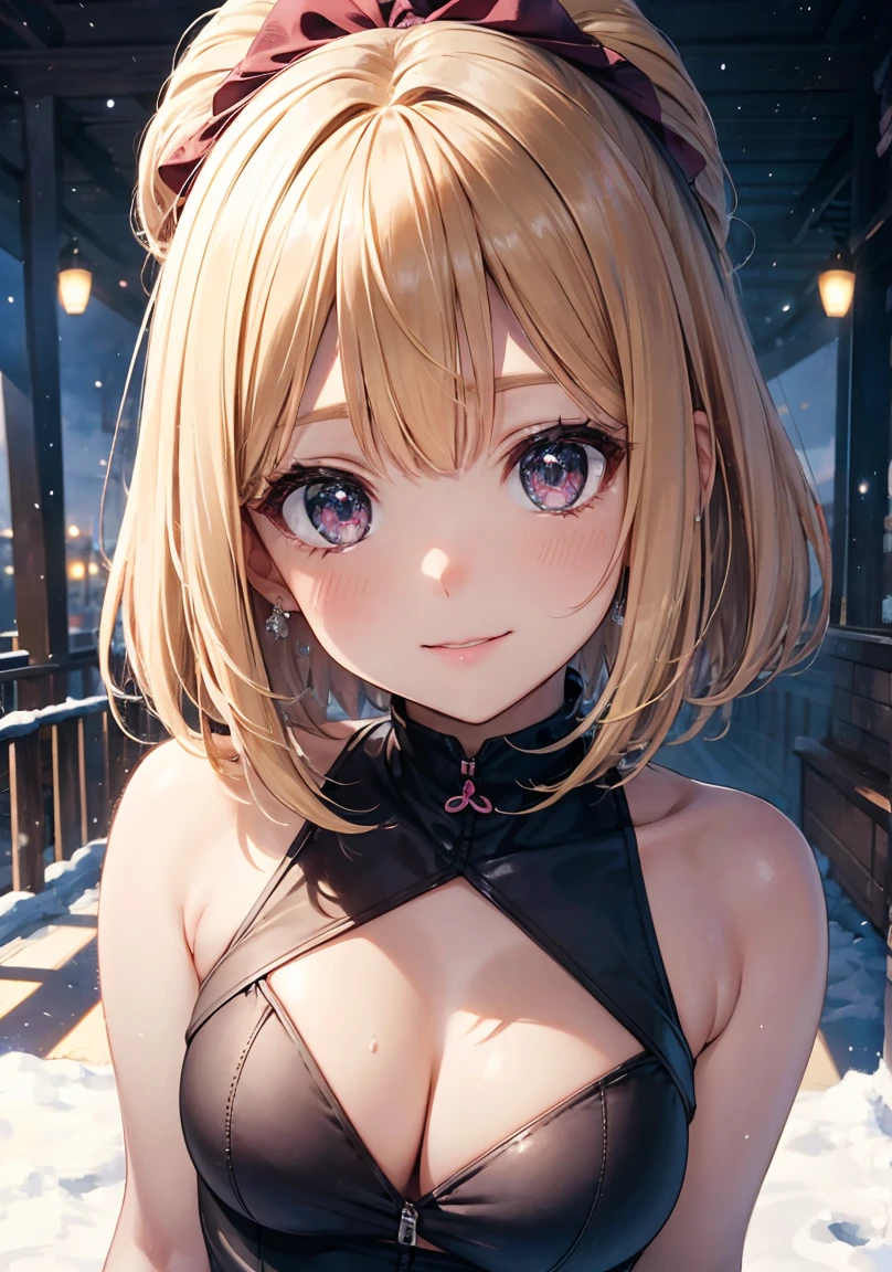 masterpiece, absurdres, best quality, ultra detailed, high Resolution, detailed illustration, extremely beautiful detailed face and eyes, bright colour, 1girl, (), cute face, Delicate beautiful face, magenta eyes, cute eyes, sparkling eyes, big eyes, medium breasts, (perky breasts:1.1), (pointy breasts:1.1), medium hips, glamorous body, white skin, Smile, BREAK, long bob cut, (blonde hair:0.8), messy hair, detailed hair, shiny hair, BREAK skiing wear, tiny ribbon, Ski resort, ski slope, winter, playing with skis, real world, natural lights, perfect lighting,