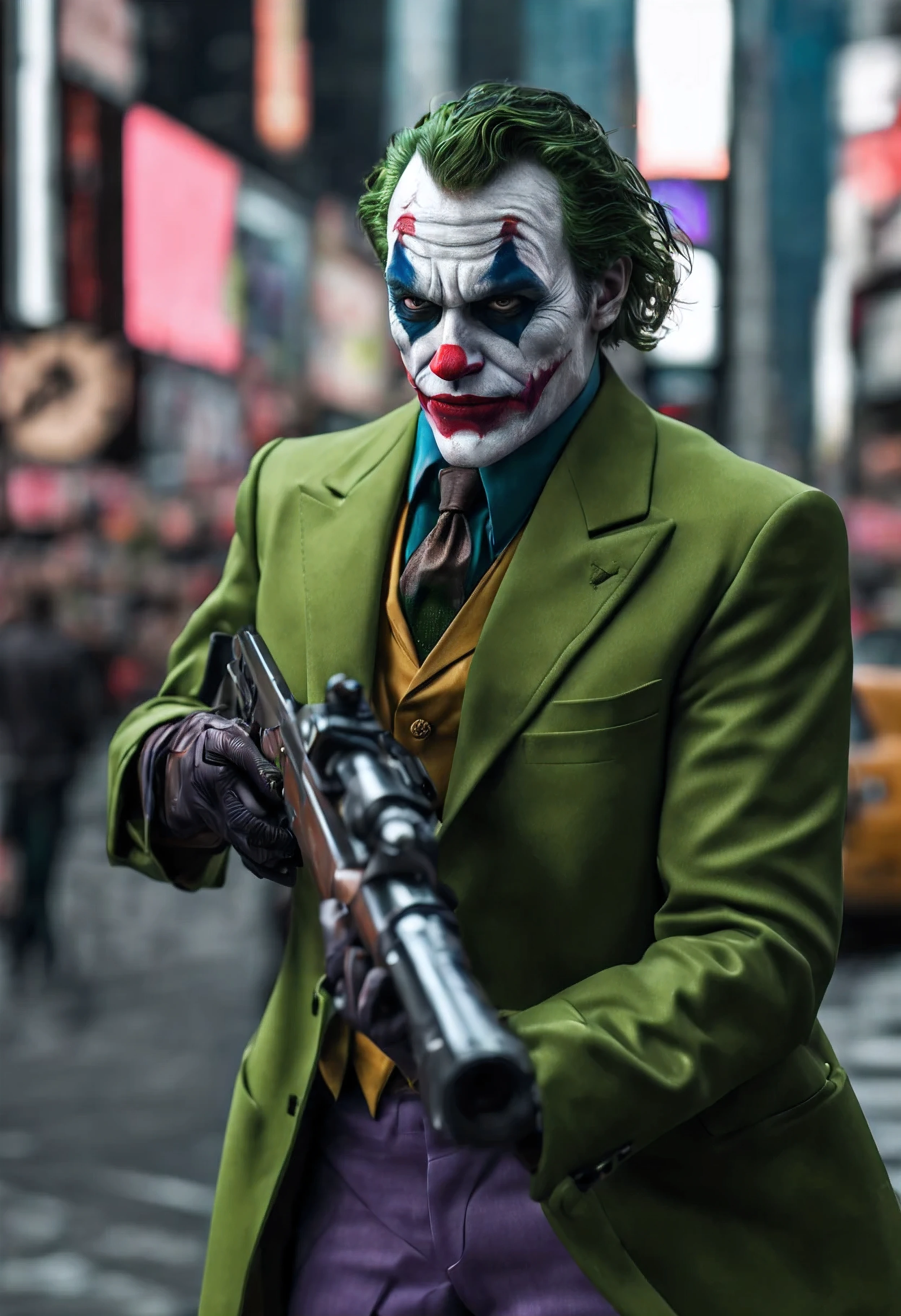 New York, Time square, Joker with a shotgun , macabre, horror, full body photo, gray skin, cybernetic, technological details, Authentic background, (realism: 1.5), (Realisitc: 1.4), (Absurdity: 1.4), 8k,
ultra-detailed, detailed, (one:1.4 only), (Viewer facing:1.3), Cinematic, ambient occlusion, volumetric lighting, shot on Sony A7S III, f/ 9. 0, 1/ 500, sharp focus 64k unsaturated , masterpiece, best quality, ultra detailed