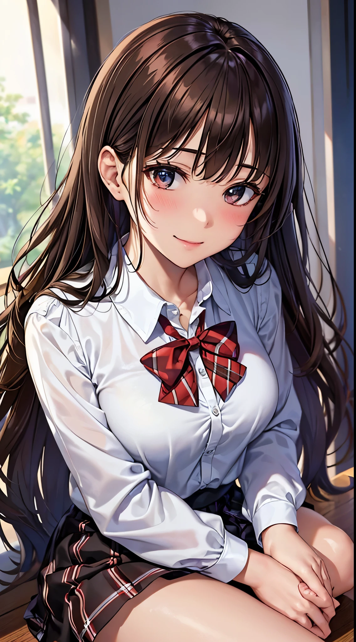 ((on the table, best quality, high resolution, north african free trade area, pixel perfect,  4K, north african free trade area, north african free trade area))), 1 girl in, single, alone, 、see whole body、 ((medium wavy hair, Bangs, brown hair)), ((brown eyes, beautiful eyelashes, realistic eyes)), ((Detailed face, blush:1.2)), ((smooth texture:0.75, lifelike质感:0.65, lifelike:1.1, Anime CG style)), medium, dynamic angle, Perfect body,  ((red bow tie, Uniforms, black jacket, open jacket, Brown cardigan, White shirt, black skirt, Plaid skirt、I&#39;m not wearing shoes、white sox)), empty classroom、sit on the table、reduce&#39;I take my feet off the table..、evening、、((The angle of looking up from below))、Very embarrassing panic smile、(Lift up the skirt with both hands、open legs、Pale floral lace)、