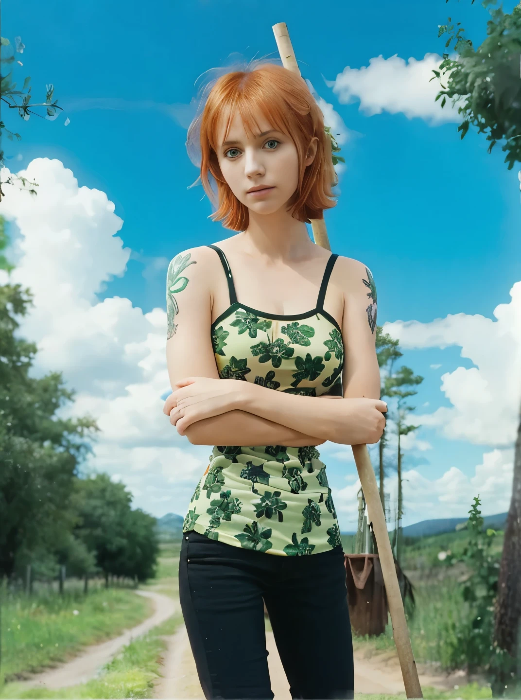 (masterpiece), (realistic), (ultra detailed), ( high reest quality), (photorealistic), (perfect face), (perfect anatomy), woman, female, solo, Swede, Swede , nami from one piece, nami, short haircut, orange hair, short haircut with side bangs, wearing a green top with a floral motif, wearing black trousers, there is a tattoo on the left hand, the character has large breasts, the character's right hand holds a black stick, the character is behind him by a dirt road and trees, the character is standing in the middle of the dirt road