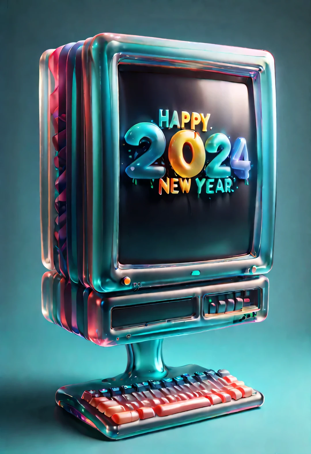 (Computer New Year Wallpaper Design), ultra high definition, masterpiece, Accuracy, Super details, high detail, high quality, Award-winning, best quality, Level, 16k, (Cute cartoon colorful transparent computer screen "2024" and "Happy New Year" It says), Colorful transparent keyboard, (Clear internal structure), Front view, New Year elements, Colored confetti, ribbon, cyberpunk style