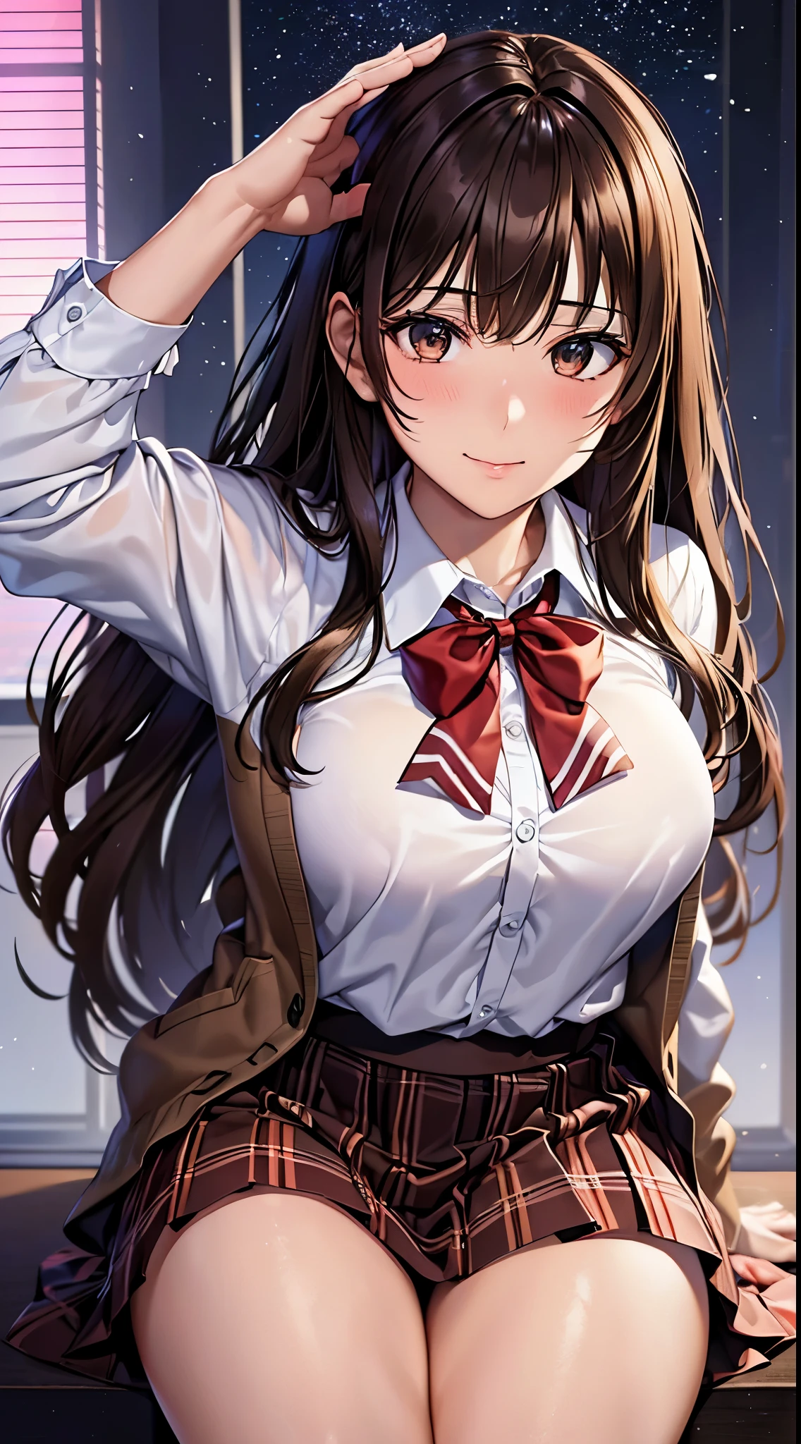 ((on the table, best quality, high resolution, north african free trade area, pixel perfect,  4K, north african free trade area, north african free trade area))), 1 girl in, single, alone, 、see whole body、 ((medium wavy hair, Bangs, brown hair)), ((brown eyes, beautiful eyelashes, realistic eyes)), ((Detailed face, blush:1.2)), ((smooth texture:0.75, lifelike质感:0.65, lifelike:1.1, Anime CG style)), medium, dynamic angle, Perfect body,  ((red bow tie, Uniforms, black jacket, open jacket, Brown cardigan, White shirt, black skirt, Plaid skirt、I&#39;m not wearing shoes、white sox)), empty classroom、sit on the table、reduce&#39;I take my feet off the table..、evening、、((The angle of looking up from below))、Very embarrassing panic smile、(Lift up the skirt with both hands、open legs、Pale floral lace)、