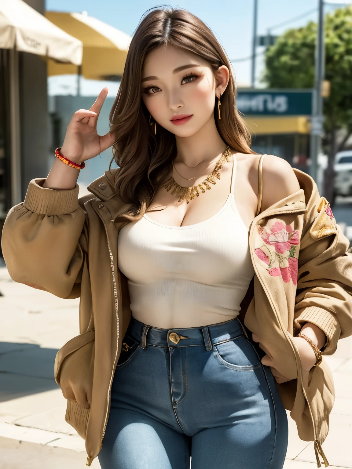 (masterpiece, highest quality), (photo-realistic), (intricate details, detailed face), HDR, 1 girl, alone, pretty girl,
Front view, look at the camera,
light smile,
different hairstyles,
(Various style jacket prints, Top different styles, Different styles of pants),
Various earrings,
Variety of necklaces,
Various bracelets,
huge breasts:0.3,
wide hips:0.4,